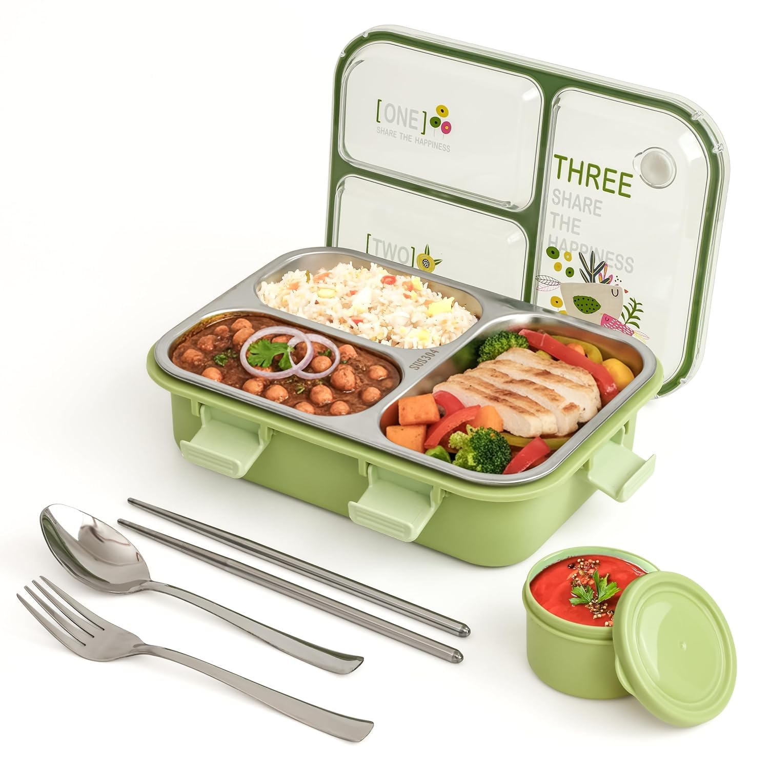 PRIME DEALS Lunch Box 3 Compartment Leak-Proof BPA Free Stainless Steel, Lunch Box for Kids, Lunch Box for School & Office with a Fork, a Spoon and a Pair of Chopsticks (Green, 3 Compartment)