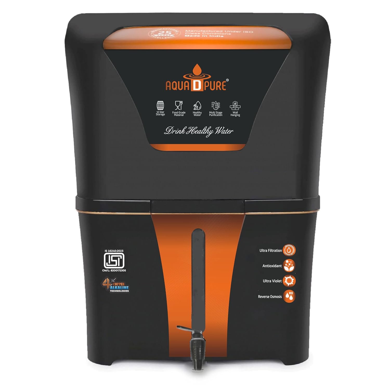AQUA D PURE Alkaline RO Water Purifier 12L RO+UV+UF+TDS Control with Goodness of copper 12 Liter Large Storage Tank, Suitable for all type of water supply. (color: Black)