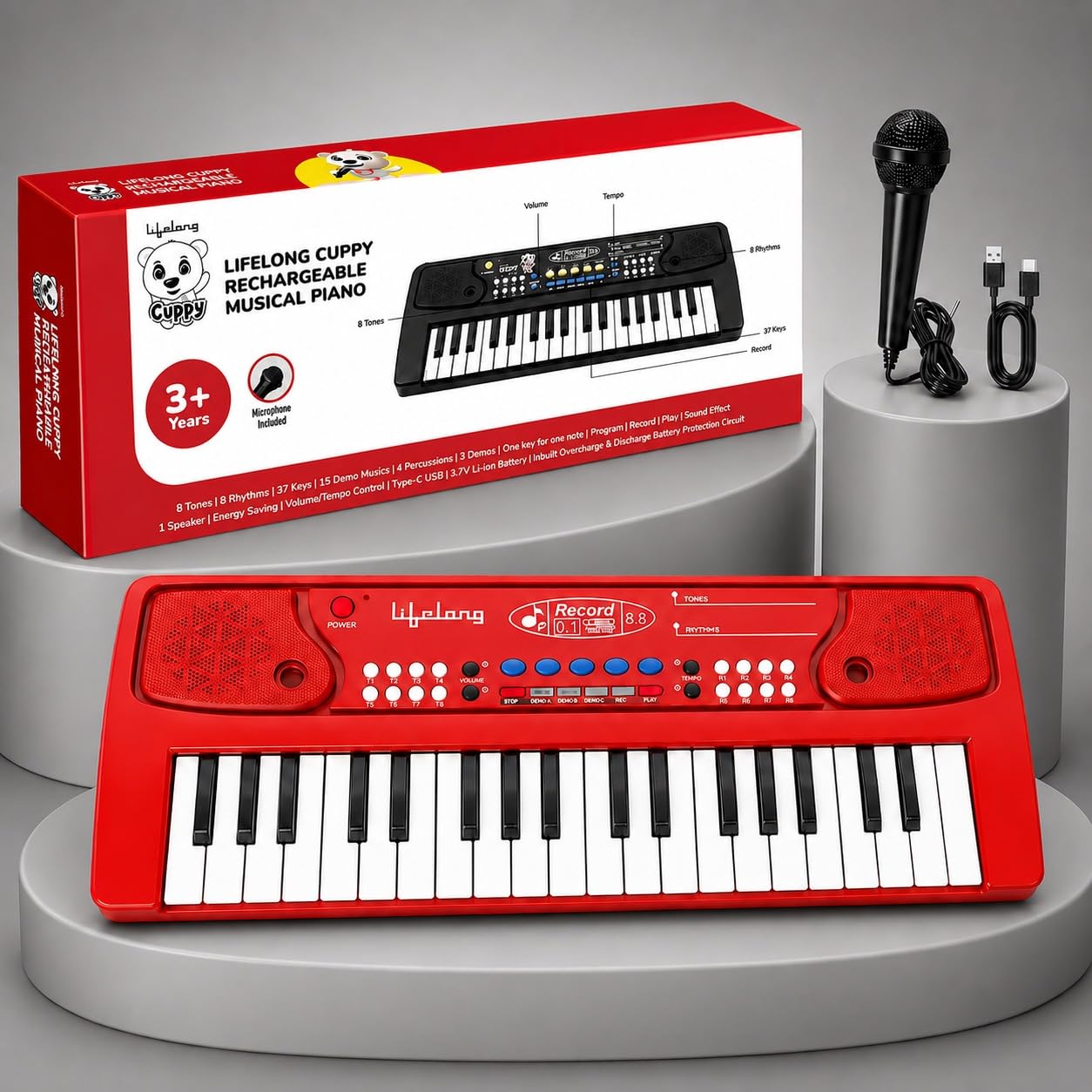Lifelong Wireless Rechargeable Piano Keyboard for Baby & Kids with Mic, Single Speaker, Portable Keyboard Piano, Type C Charging, Long Battery Life Musical Keyboard Gift for 2-8 Yrs (LLCKMP02)