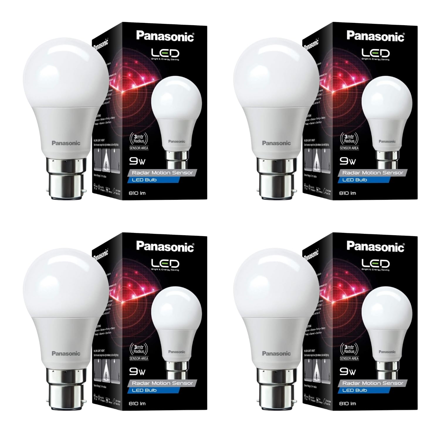 Panasonic 9 Watt Motion Sensor B22 Led Bulb for Home with 3 Mtr Radius Sensor Area, Auto Off After 15 Sec, 1 Yr Warranty (Pk4)