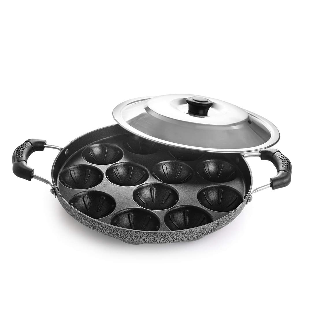 Cello Aluminium Nonstick 12 Cavity Appam Patra Pan with Steel Lid