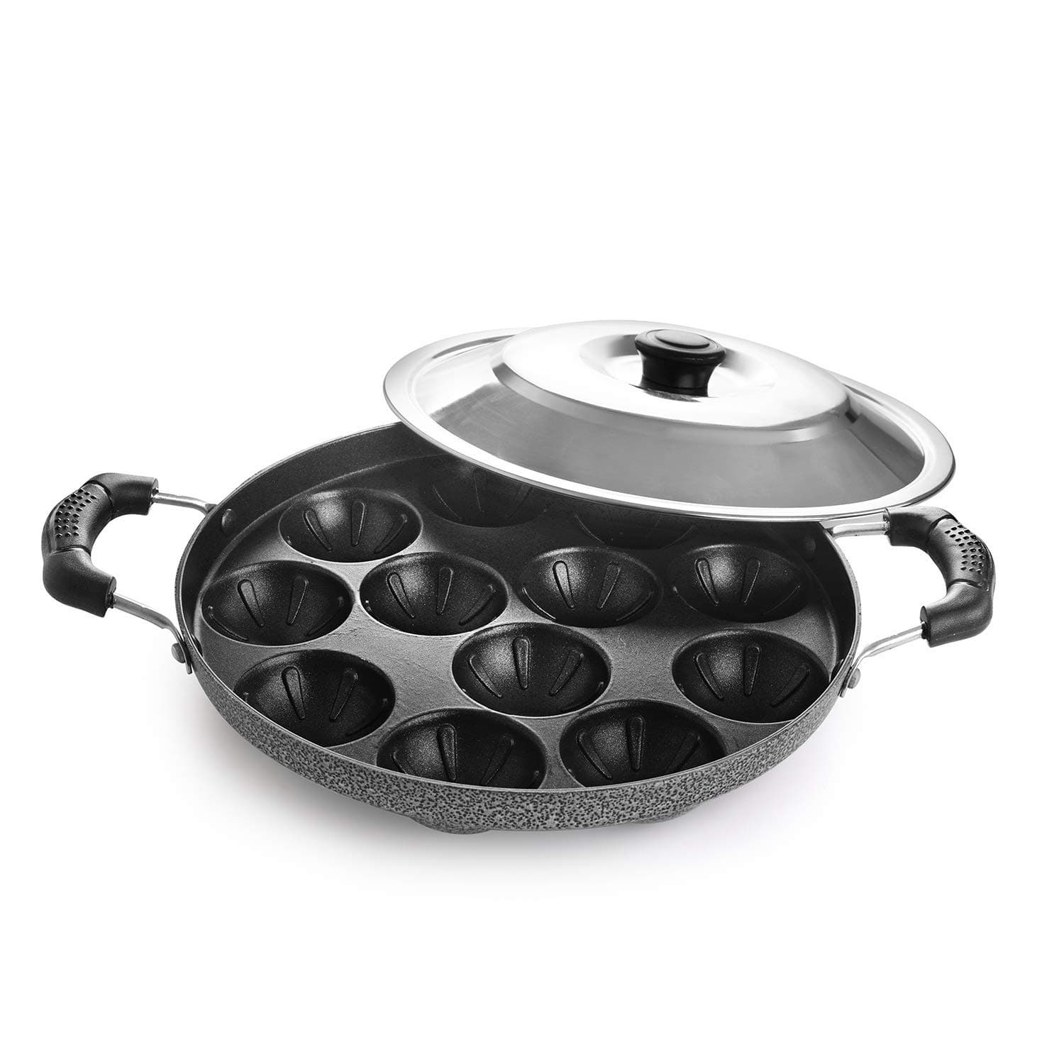 Cello Aluminium Nonstick 12 Cavity Appam Patra Pan with Steel Lid