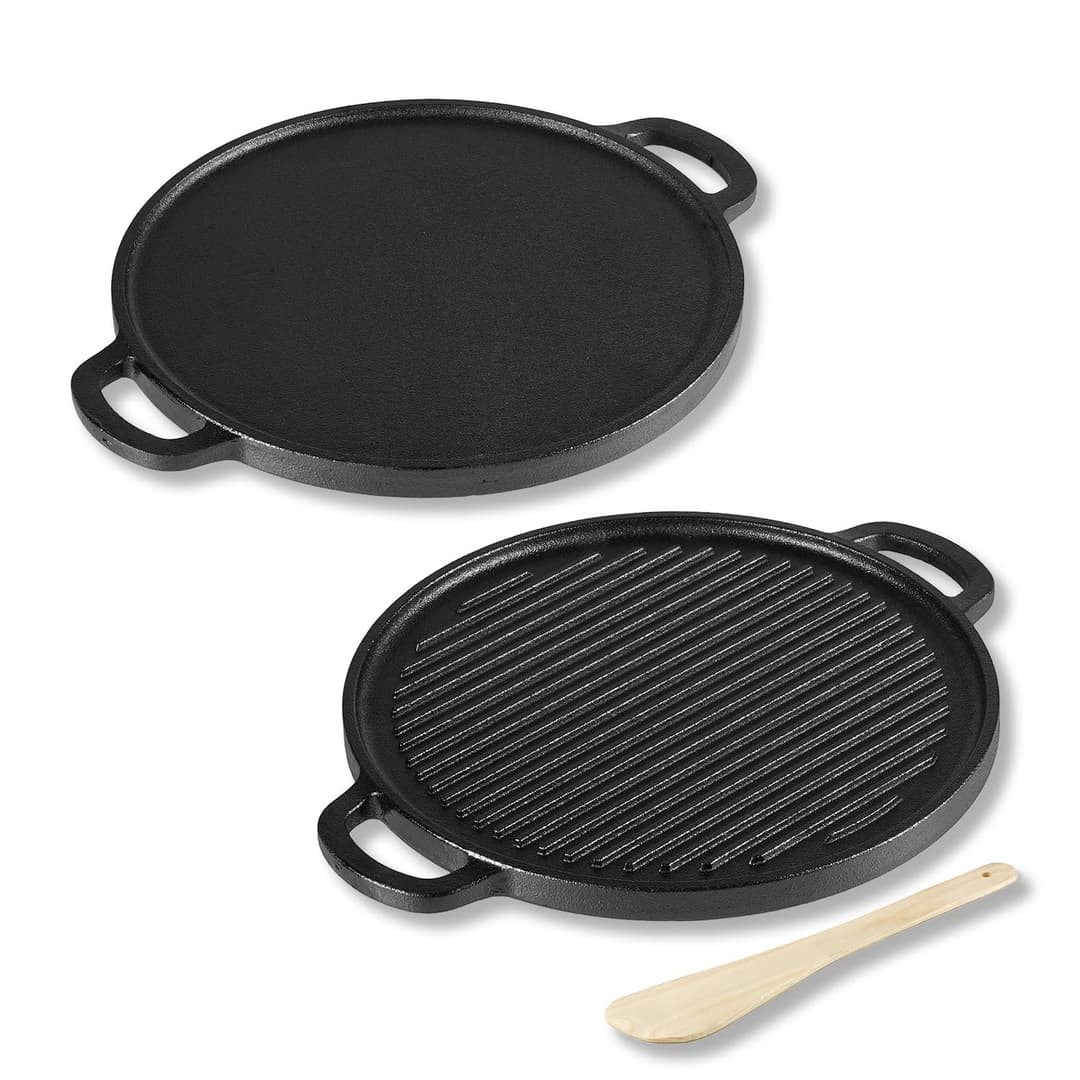 Lifelong Cast Iron 2-in-1 Reversible Dosa Tawa & Grill Pan (30cm)
