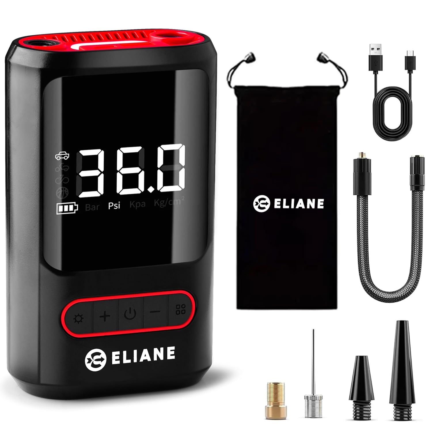 ELIANE 2-in-1 Cordless Tyre Inflator, Portable 150 PSI Air Compressor with 4000 mAh Battery, LED Display, Auto Shut-Off & Type-C Charging for Car, Bike & Sports Balls