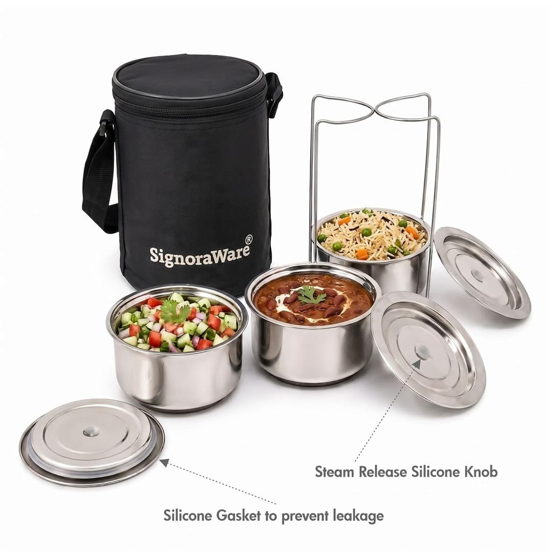 SignoraWare Fine Meal Stainless Steel Lunch Box | Airtight & Leakproof Lid | Compact & Lightweight | Tiffin for Office, School & Travel Use (300ml x 3 | Set of 3 | Steel)