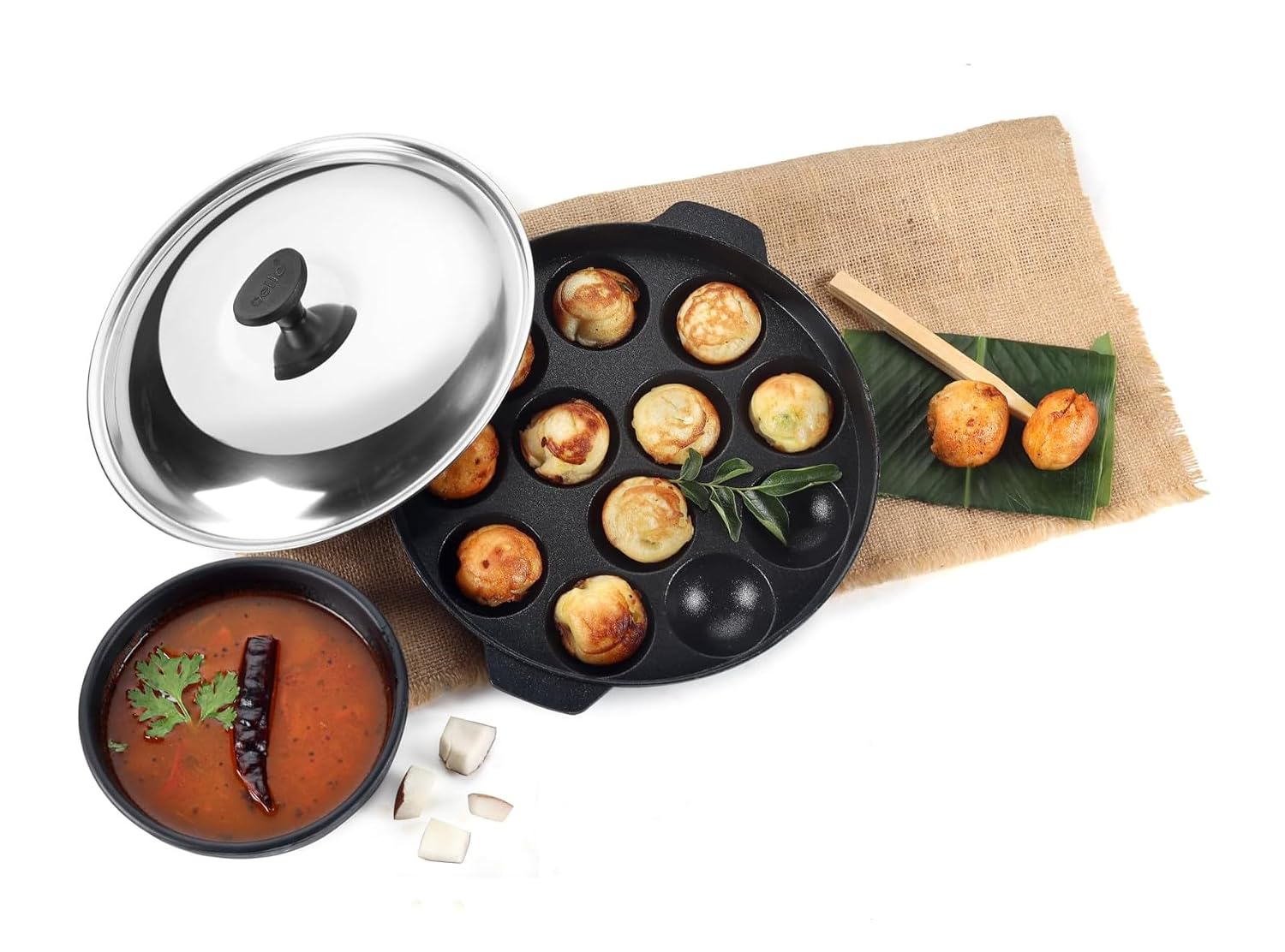 CELLO Aluminium Nonstick 12 Cavity Appam Patra Chatty Pan Maker with Steel Lid, Black | Double Hand Handle, Gas Stove Compatible Mini Uttappa Paniyarakkal Cup Cake Frying Pan Kadhai for Kitchen