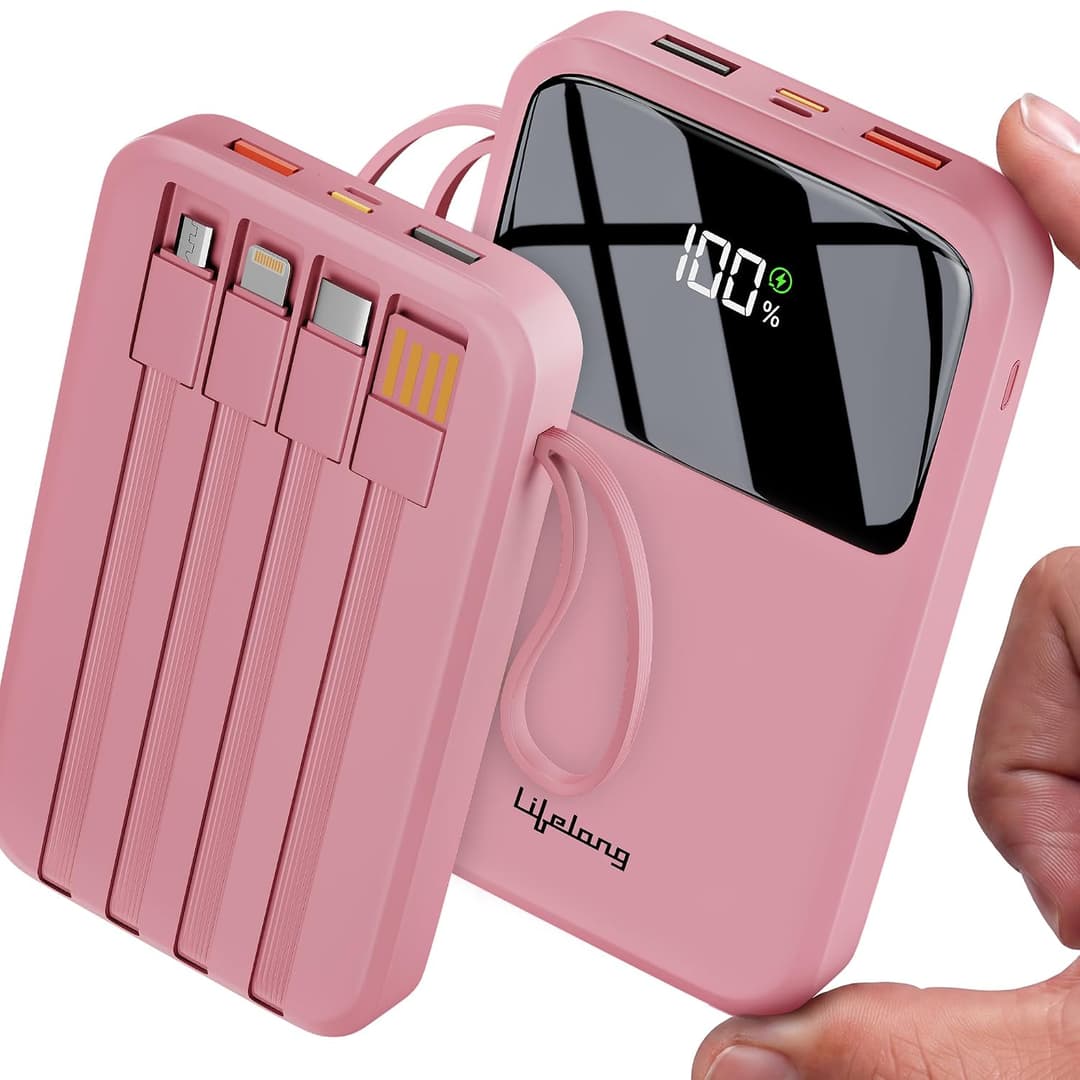 Lifelong Electronics 10000mAh 22.5W Fast Charging Power Bank | 3 Inputs (1 Built-in USB A Cable + 1 C + 1 Lightning Port) & 6 Outputs (3 Built-in Cables + 1 C + 2 A Port) | Small Pocket Size Powerbank