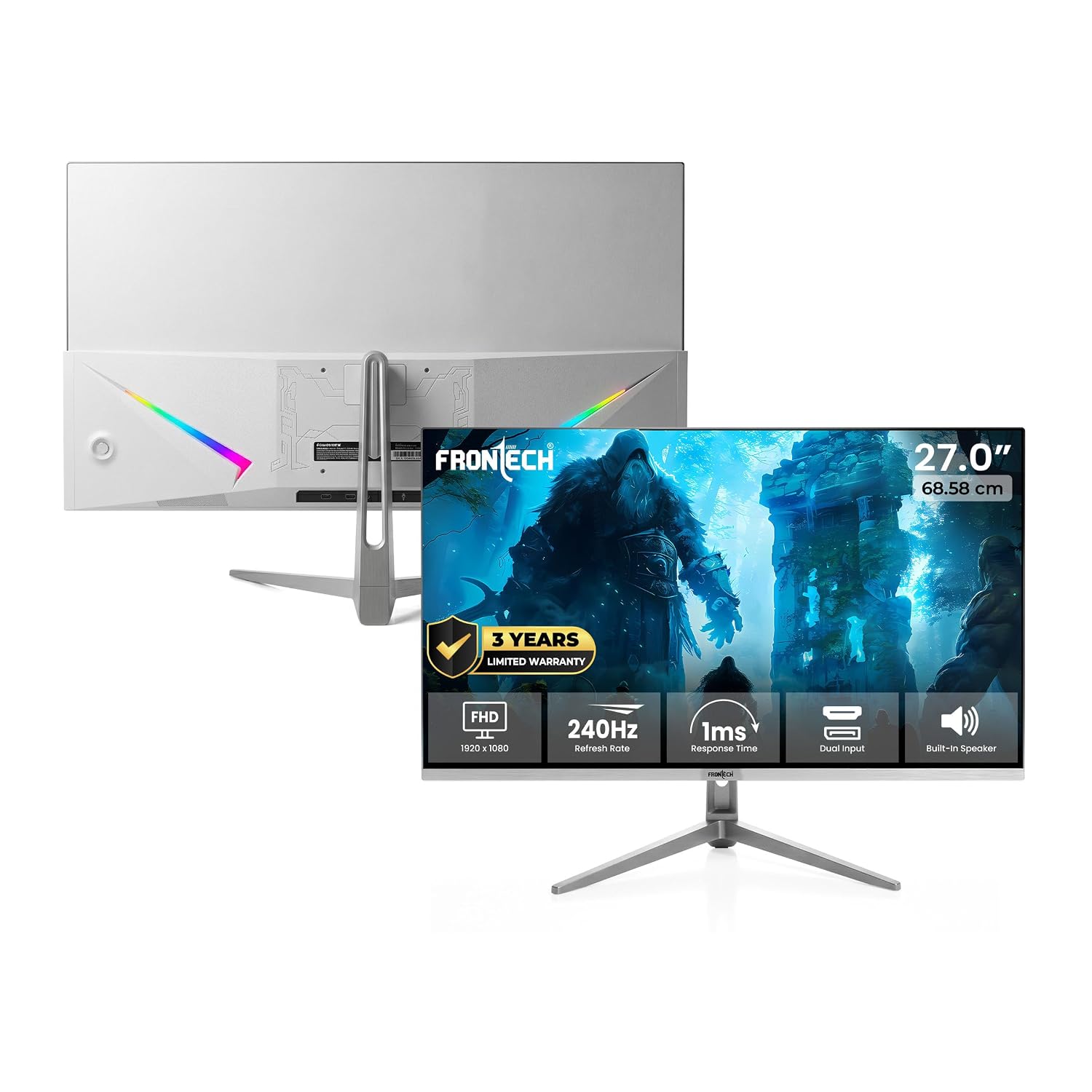 FRONTECH 27" Gaming LED Monitor | Full HD (1920 x 1080) | 1ms | 240Hz | Panel RGB Light | Built-in Speakers | 99% sRGB | VESA Mount, HDMI & DP Ports (MON-0052A)