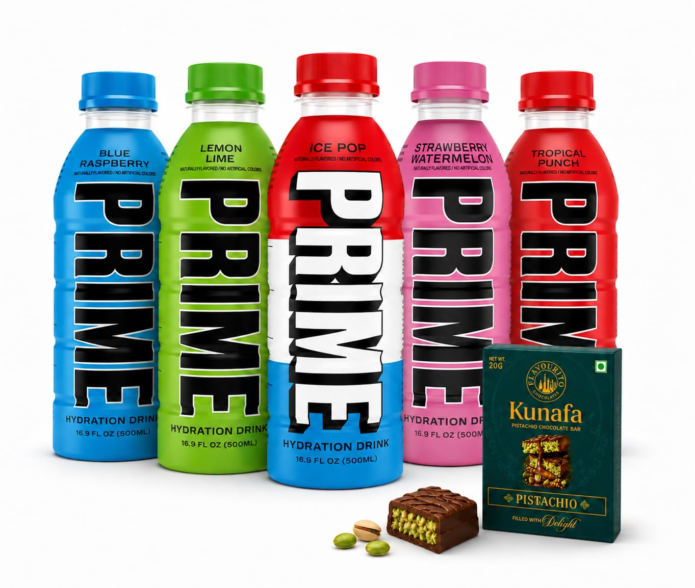 Prime Hydration Drink Variety Pack, Ice Pop, Blue Raspberry, Lemon Lime and Tropical Punch,Strawberry Flavours, 500ml Each, 5 Bottles With Free Flavourito Kunafa Chocolate 20g By Decadent Foods