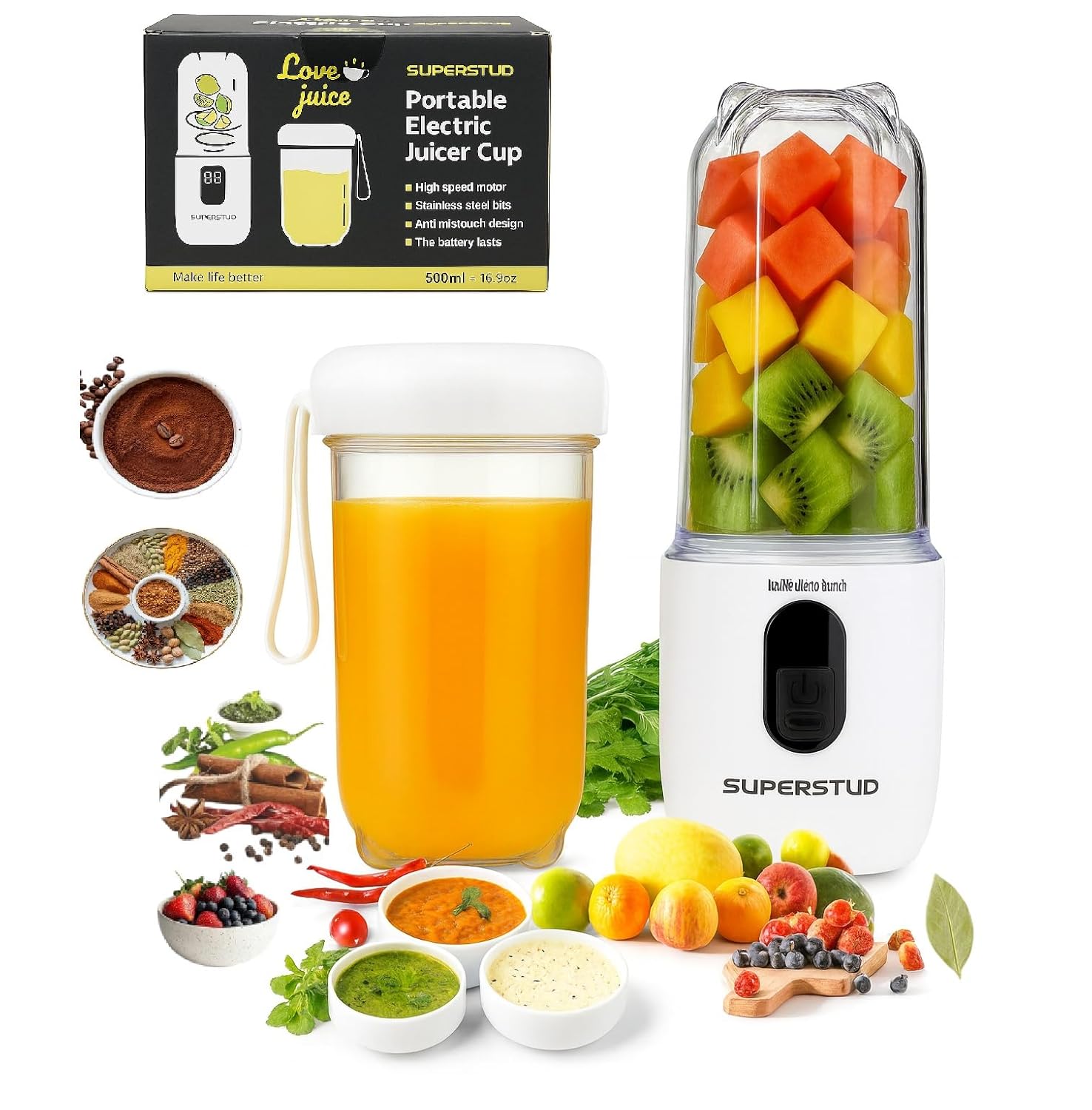 SUPERSTUD Blender Mixer Grinder | Mini Blender for Smoothies & Juices | 2-Jar Capacity (500ml*2) | 230W | 6 Blade | | Type-C Charging & Battery Indicator | Auto-Stop After 40s (White)