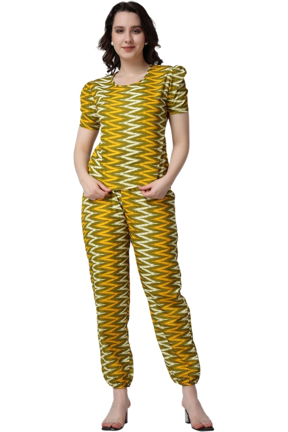POPWINGS Casual Printed Top and Joggers Set for Women || Stylish Summer Co-Ords Set for Women || Round-Neck Top and Joggers Combo Set for Women