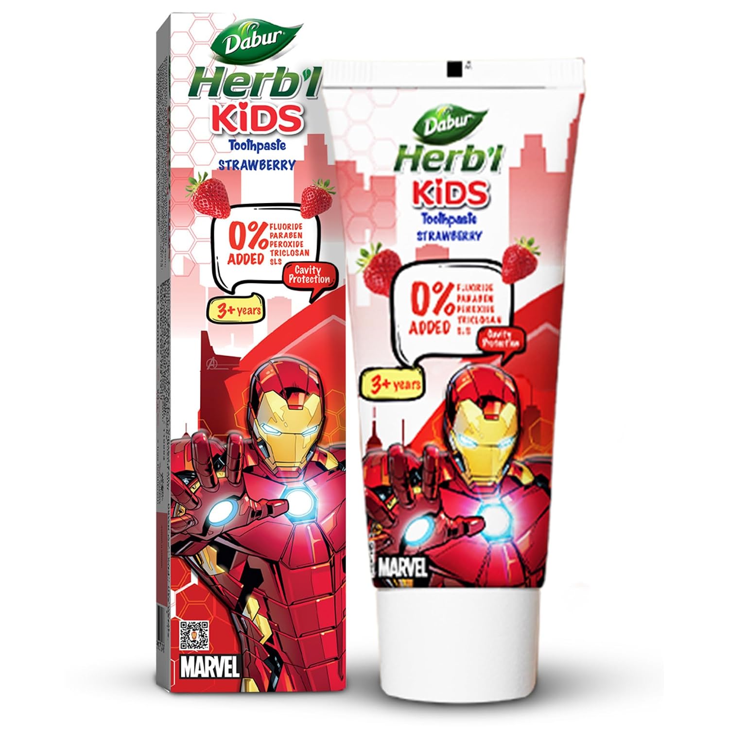 DABUR Herb'l Kids Iron Man Toothpaste | 3+ Years | Strawberry Flavour | 80 G | No Added Chemicals | Cavity Protection | Fights Germs | Strong Teeth,Healthy Gums | Natural & Safe For Kids | Sls & Flouride Free