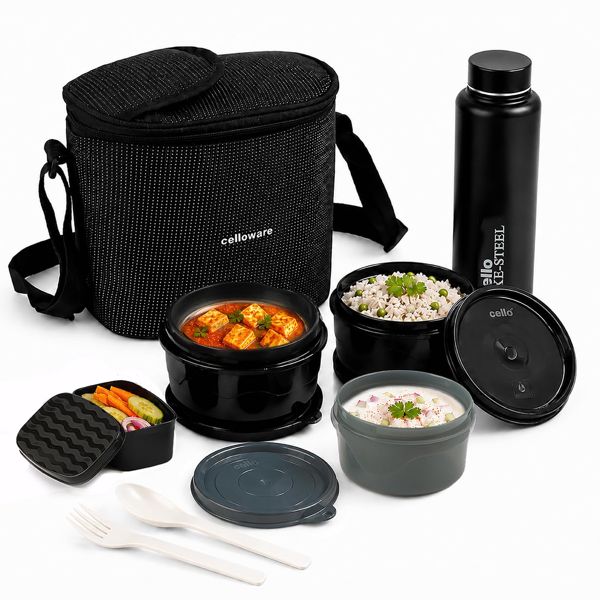 CELLO Munch Mate Lunch Box with Bag for Office Use Black | 375ml x 2 Microwave Safe Containers, 300ml + 175ml Plastic Containers, 800ml Water Bottle with Fork & Spoon, Airtight Tiffin Box for Travel