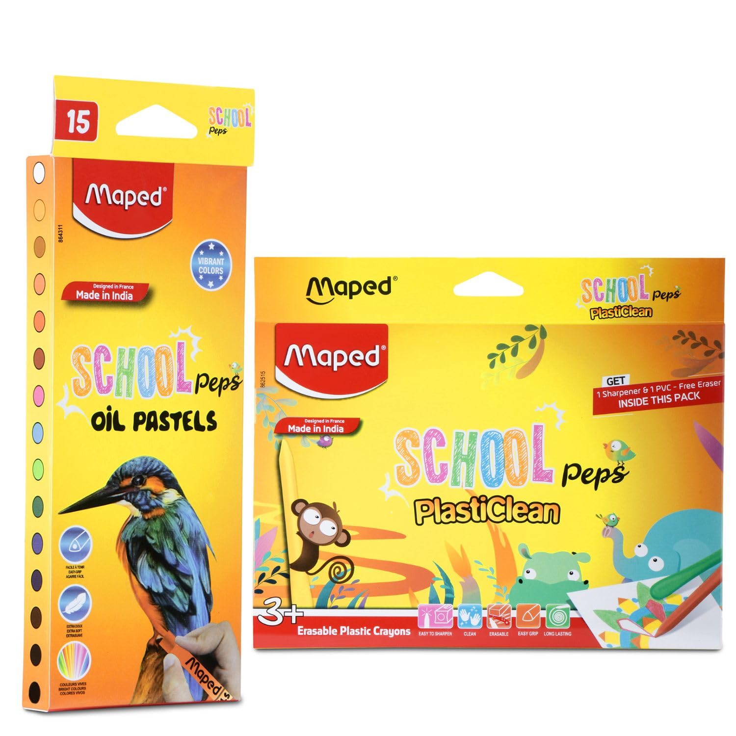 Maped Colouring Kit-Set of 2|Playful and Bright Shades|Matte finish -Oil Pastels(12Shades)|Glossy finish-Eraseable Plastic Crayons(15Shades)|NonToxic & Safe for Children|Eraser+Sharpener+Scraping tool
