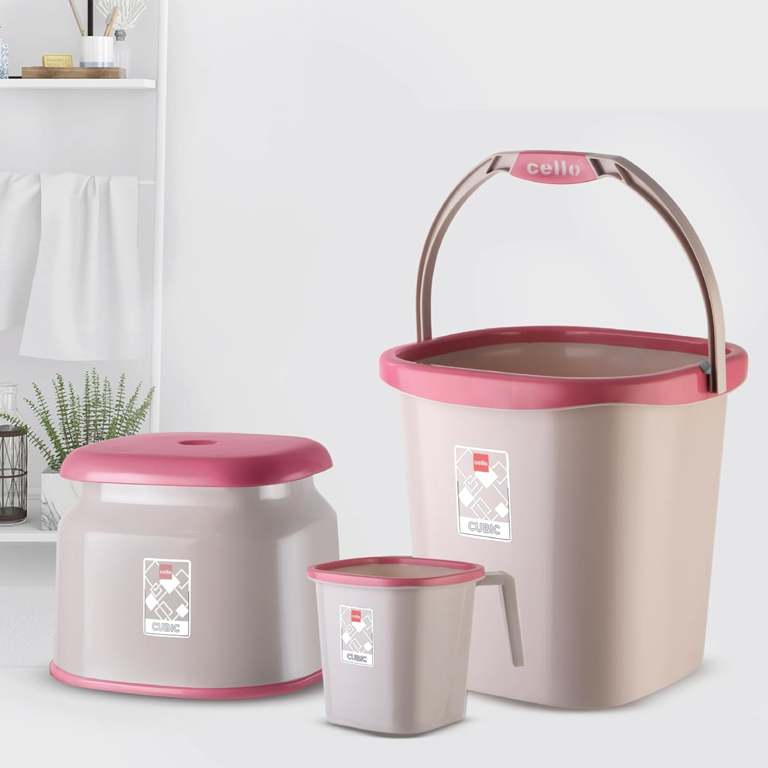 Cello Cubic 20 Bathroom Set | Sturdy and Durable | Cubic Set (Bucket 18 L + Stool + Mug 1.5 L) | Lightweight and Rigid | Easy to Clean and Attractive Design | Set of 3 | Pink