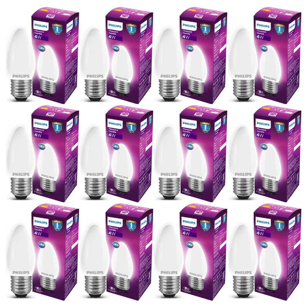PHILIPS 4 Watt 400-Lumen LED Frosted Candle E27 Base (Cool White, Pack of 12) - Decorative, Ambience for Chandeliers, Wall Lights, Desk Lamps, Floor Lamps