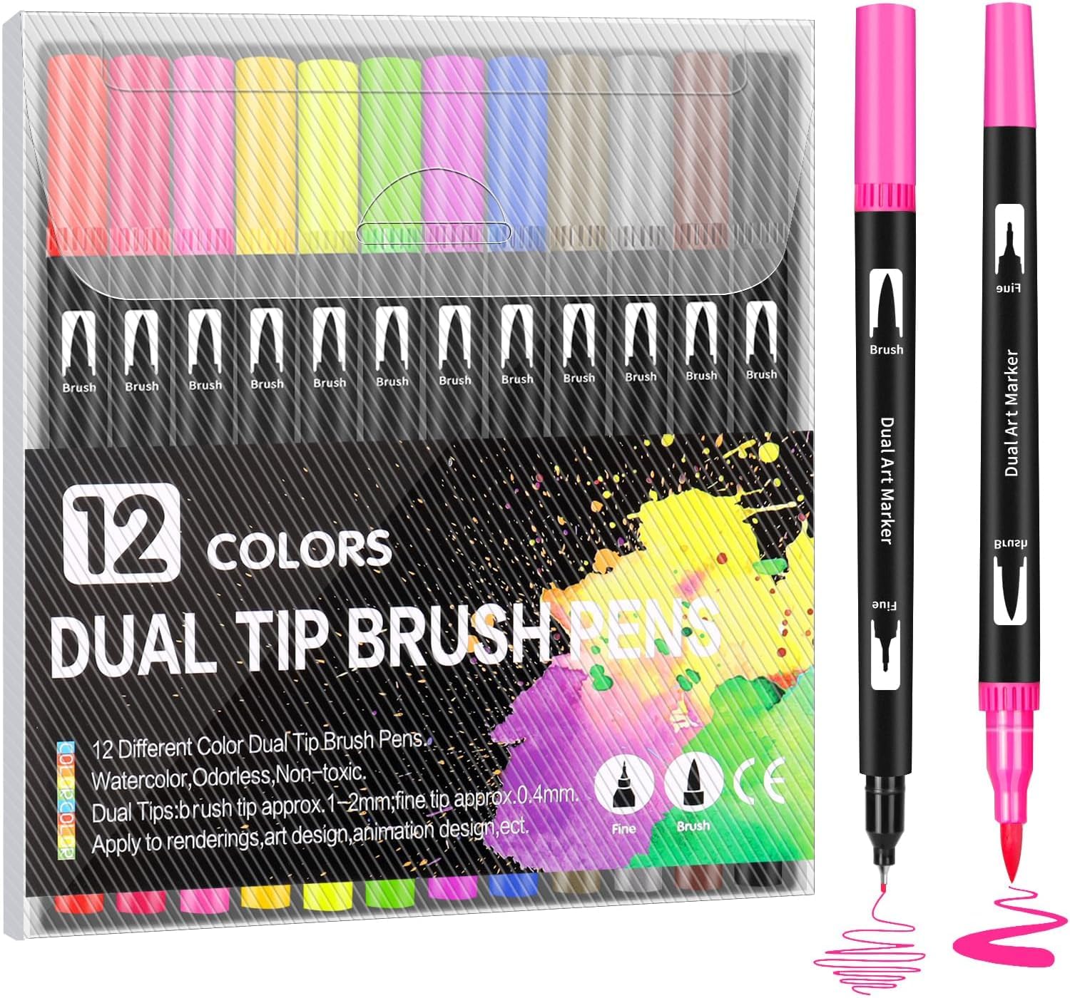 Corslet 12 Pcs Dual Tip Brush Pens Felt Tip Pen Set 12 Colors, Colouring Pens Art Markers for Kids and Adults, Colouring Book, Art Supplies Fineliner Tip Brush Marker for Drawing Sketching