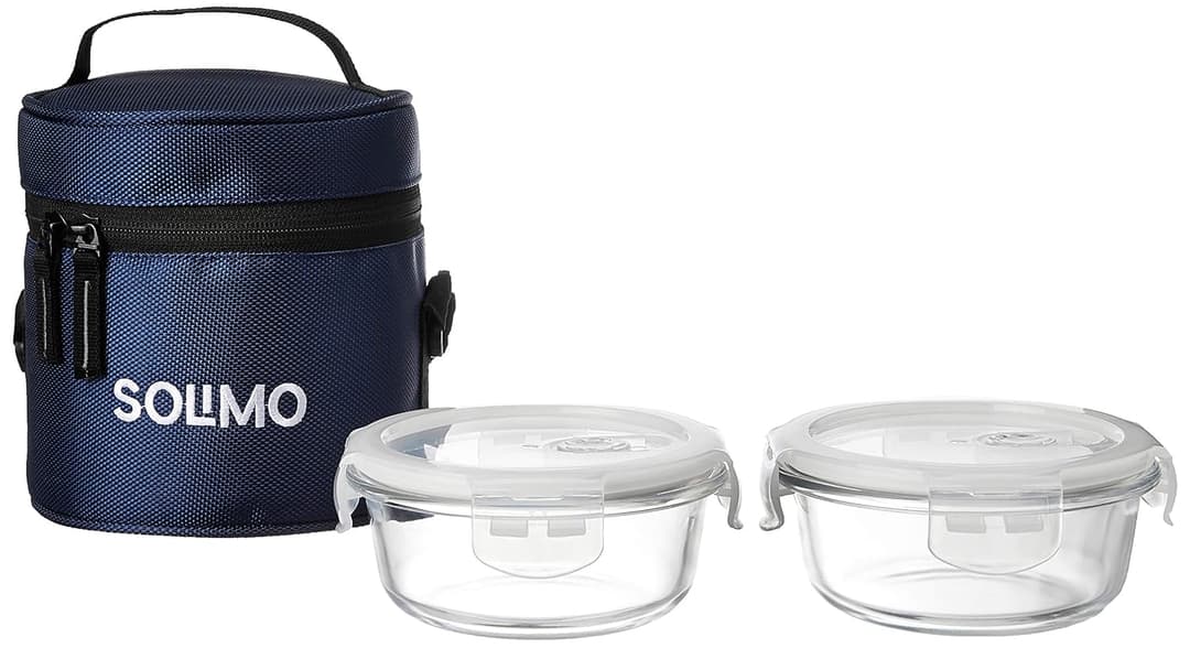 Solimo Glass Lunch Box Set with Bag (2 Pieces, 400ml)