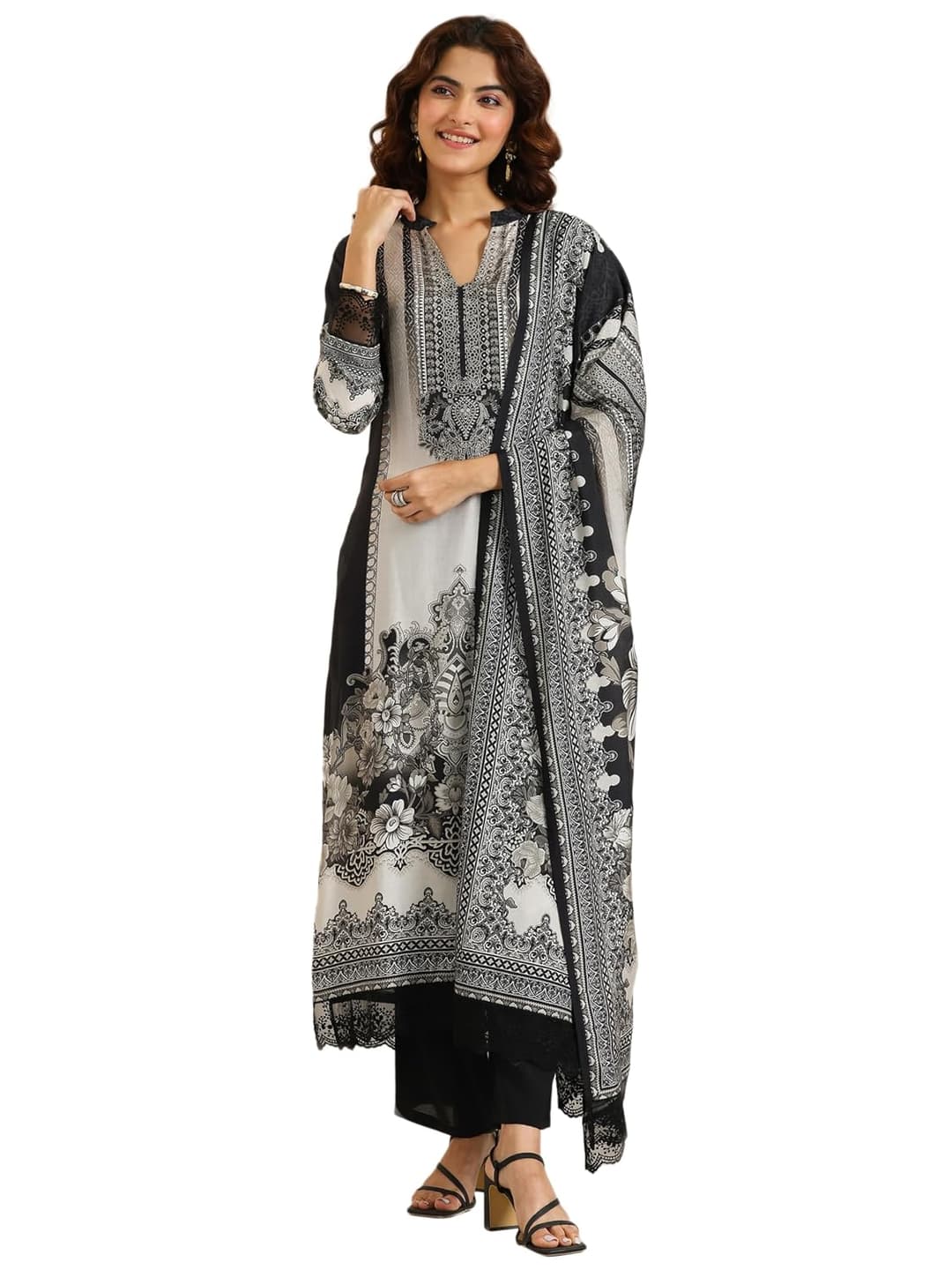 Libas Floral Printed Silk Blend Straight Kurta Set