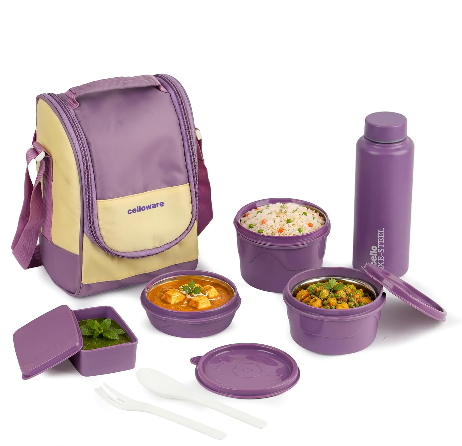 CELLO MF All In One Lunch Box with Bag for Office Use Purple | 225ml, 375ml, 550ml Microwave Safe Containers, 175ml Salad Box, 900ml Bottle with Fork & Spoon, Airtight Leak Proof Tiffin Box for Travel