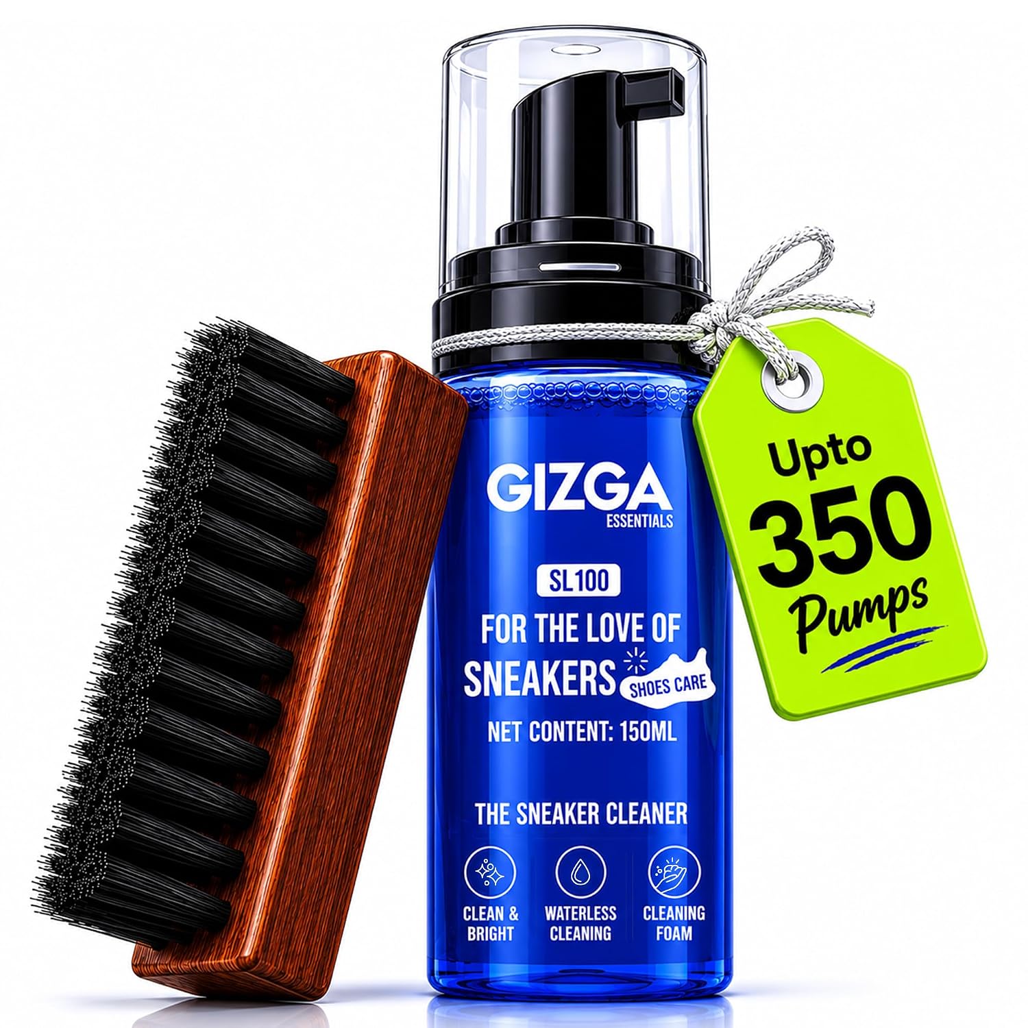 GIZGA essentials 2-in-1 Shoe Cleaning Kit | 150ml Waterless Shoe Cleaner Foam Spray & Premium Beechwood Brush | White Shoe Cleaner Kit for Sneakers & Sports Shoes