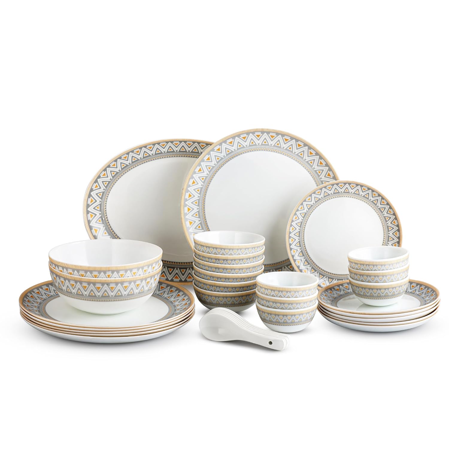 Cello Divine Series Opalware Dinner Set 33 Pc | Trinity Gold | Opal Glass, Lightweight, Chip-Resistant | Microwave Safe, Dishwasher Safe | Scratch-Resistant | Crockery Set for Dining & Gifting | White