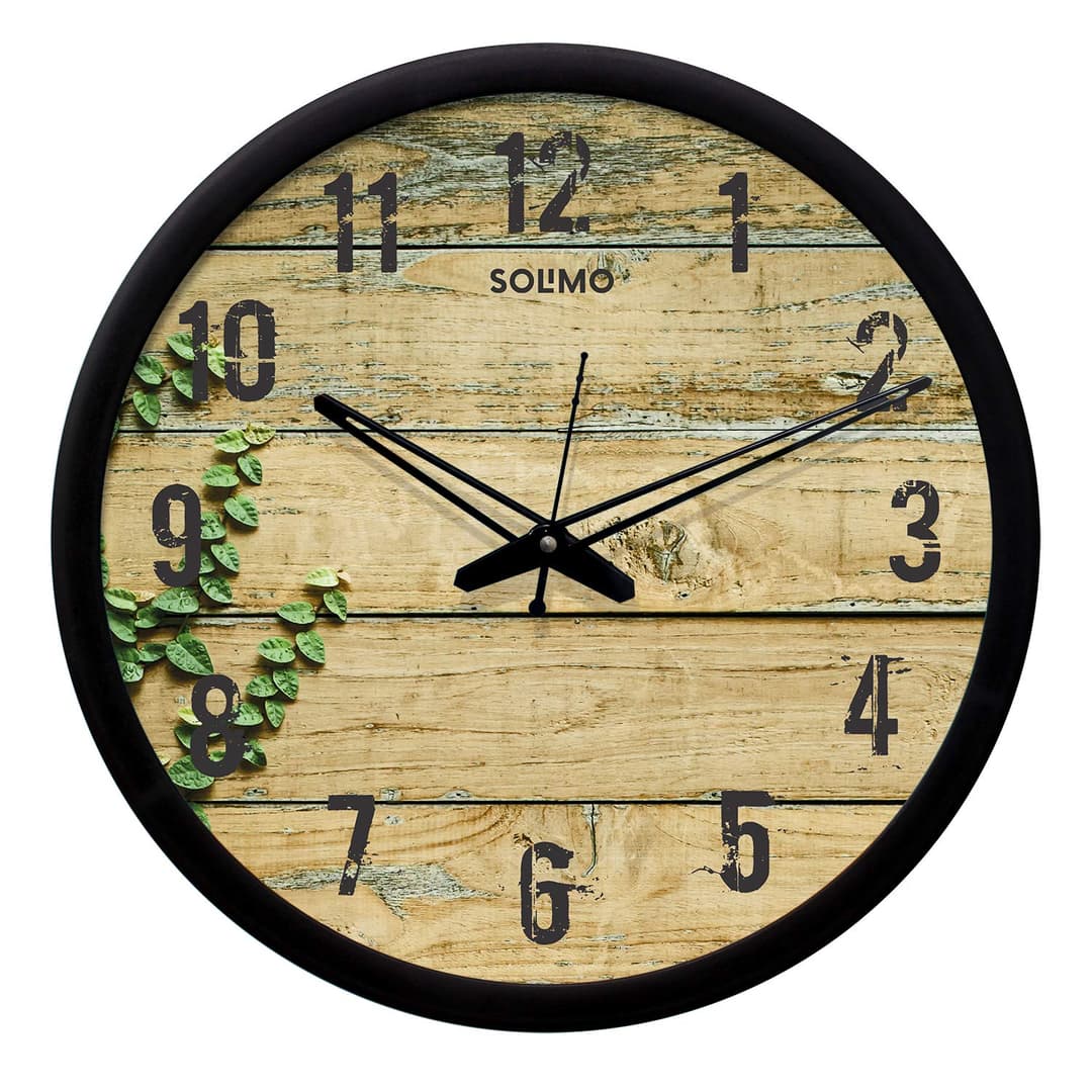 Amazon Brand - Solimo 12-inch Plastic & Glass Wall Clock - Green Leaves (Silent Movement, Black Frame)