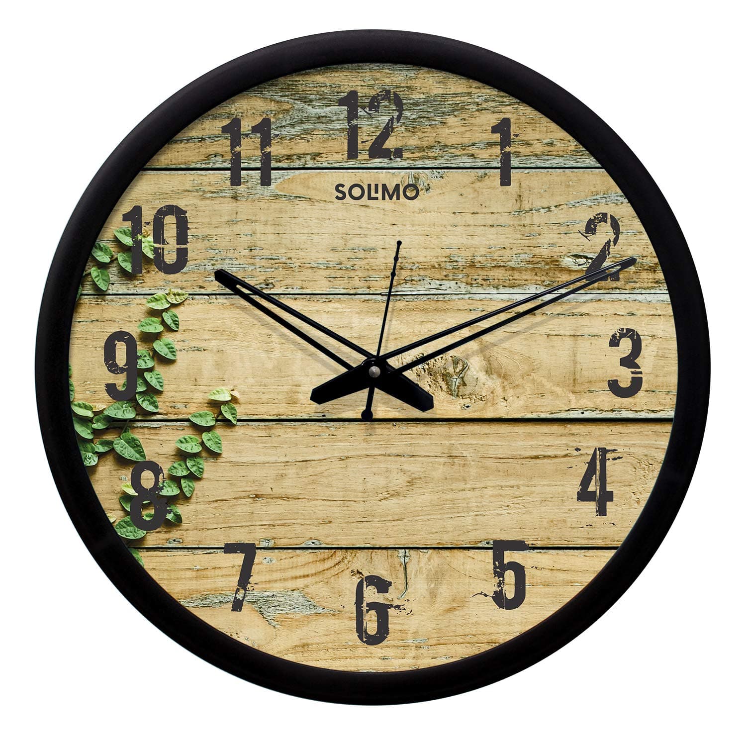 Amazon Brand - Solimo 12-inch Plastic & Glass Wall Clock - Green Leaves (Silent Movement, Black Frame)