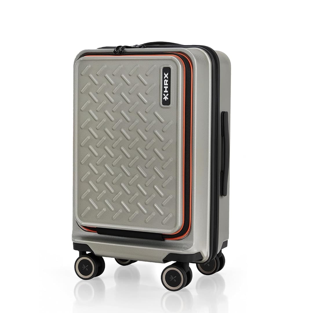 HRX Transit Cabin Size Silver Polycarbonate Hard Shell Suitcase with Front Laptop Compartment - Premium Travel Trolley Bag with 8 Spinner Wheels, Number Lock & Water Resistant Body
