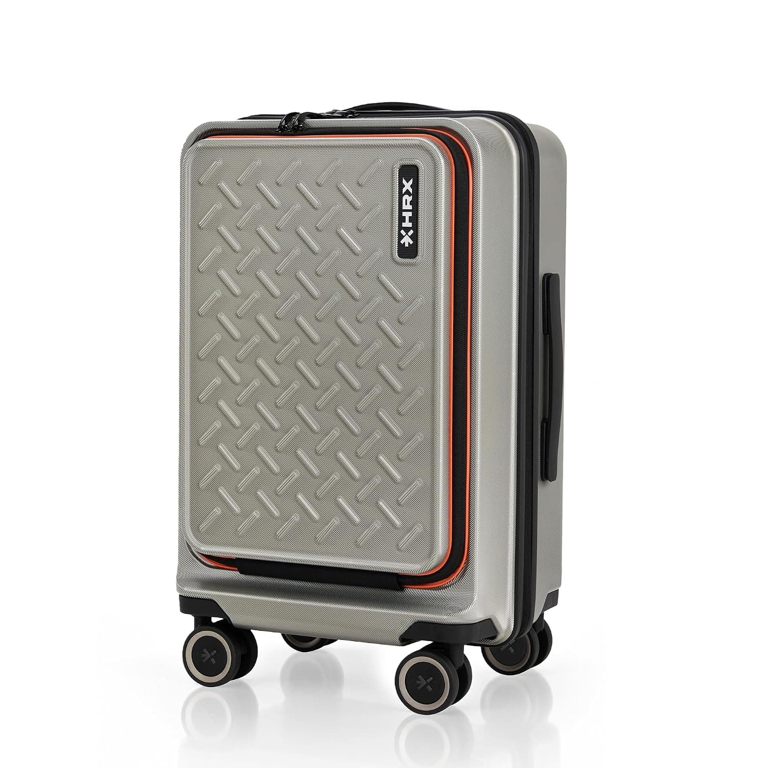 HRX Transit Cabin Size Silver Polycarbonate Hard Shell Suitcase with Front Laptop Compartment - Premium Travel Trolley Bag with 8 Spinner Wheels, Number Lock & Water Resistant Body