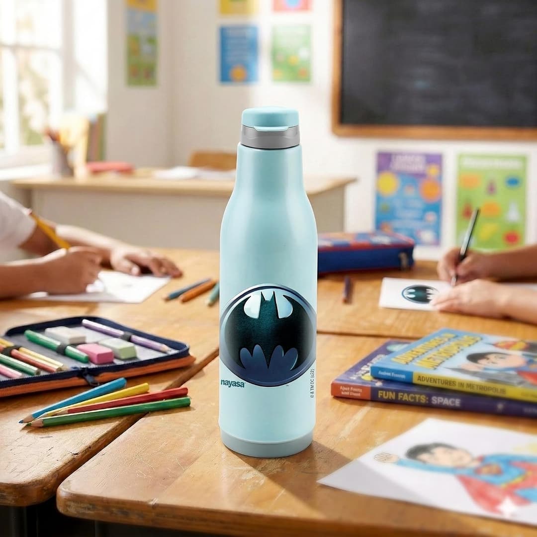 Nayasa Quench Batman Print Plastic Insulated Water Bottle- 600 ML | BPA Free Plastic | Leak Proof Push Button Cap |Water Bottle for School Kids Boys | Kids School Bottle for Daily Use | Aqua Blue