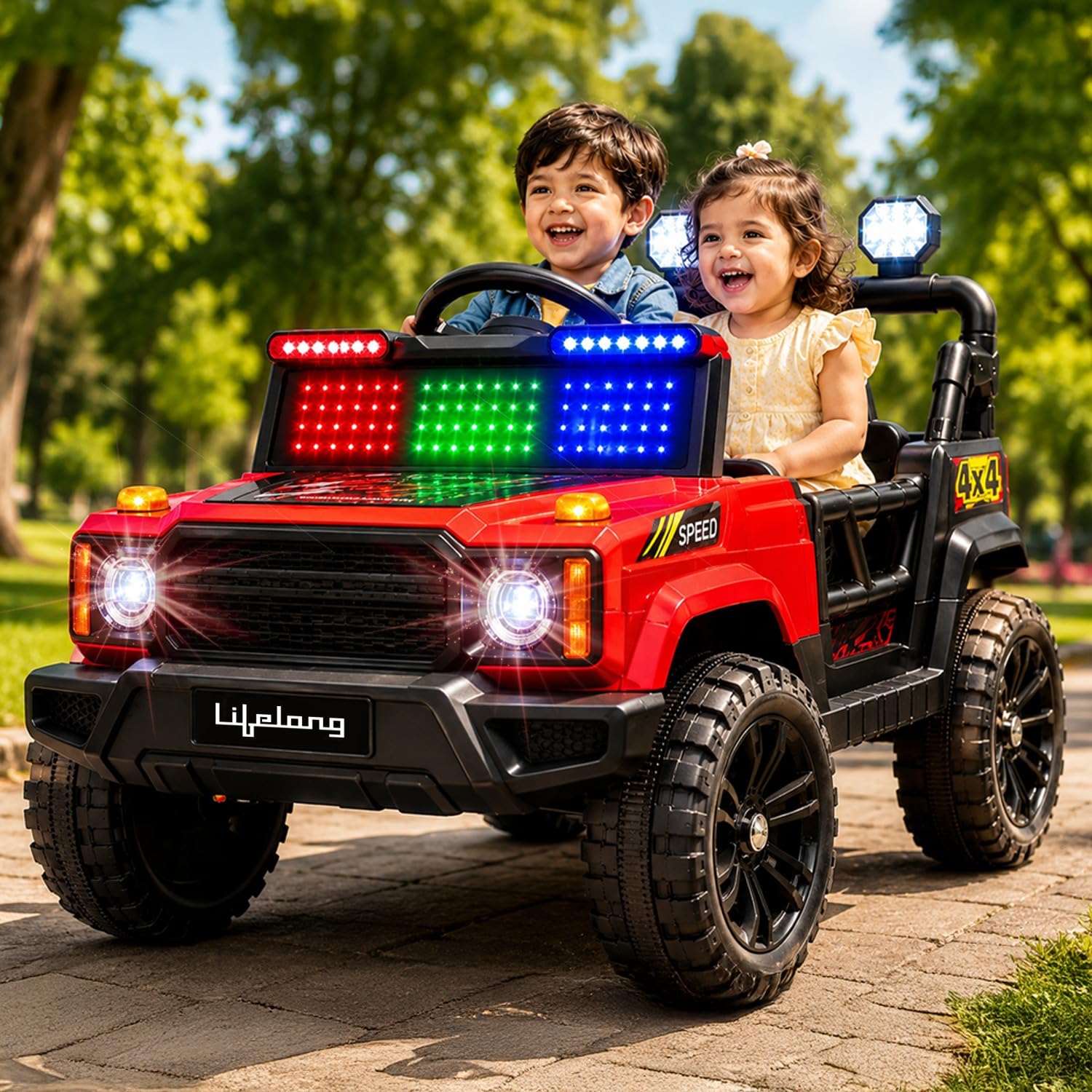 Lifelong Jeepster EV Car for Kids (6 Month Warranty) | Big Electric Car with Music, LED Lights | Dual Motor, 12V Rechargeable Battery | Parental Control, Foot Accelerator Electric Ride On for 2-8 Yrs