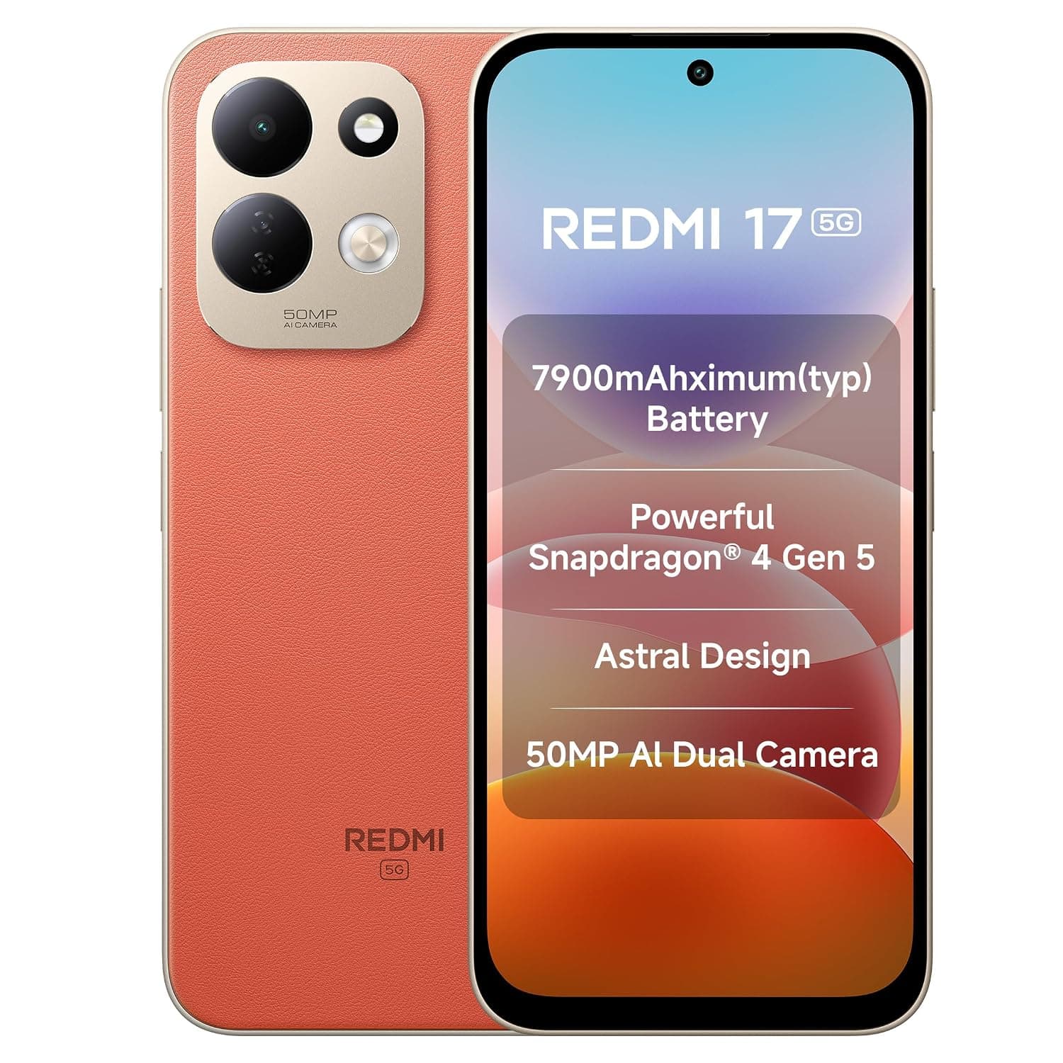 Redmi 17 5G (Eternal Orange, 6GB RAM, 128GB ROM) | 7900mAh Battery + 45W Fast Charging | 6.9" 120Hz Adaptive Display | Snapdragon 4 Gen 5 | 50MP Dual AI Camera | Corning® Gorilla® Glass 7i | IP64