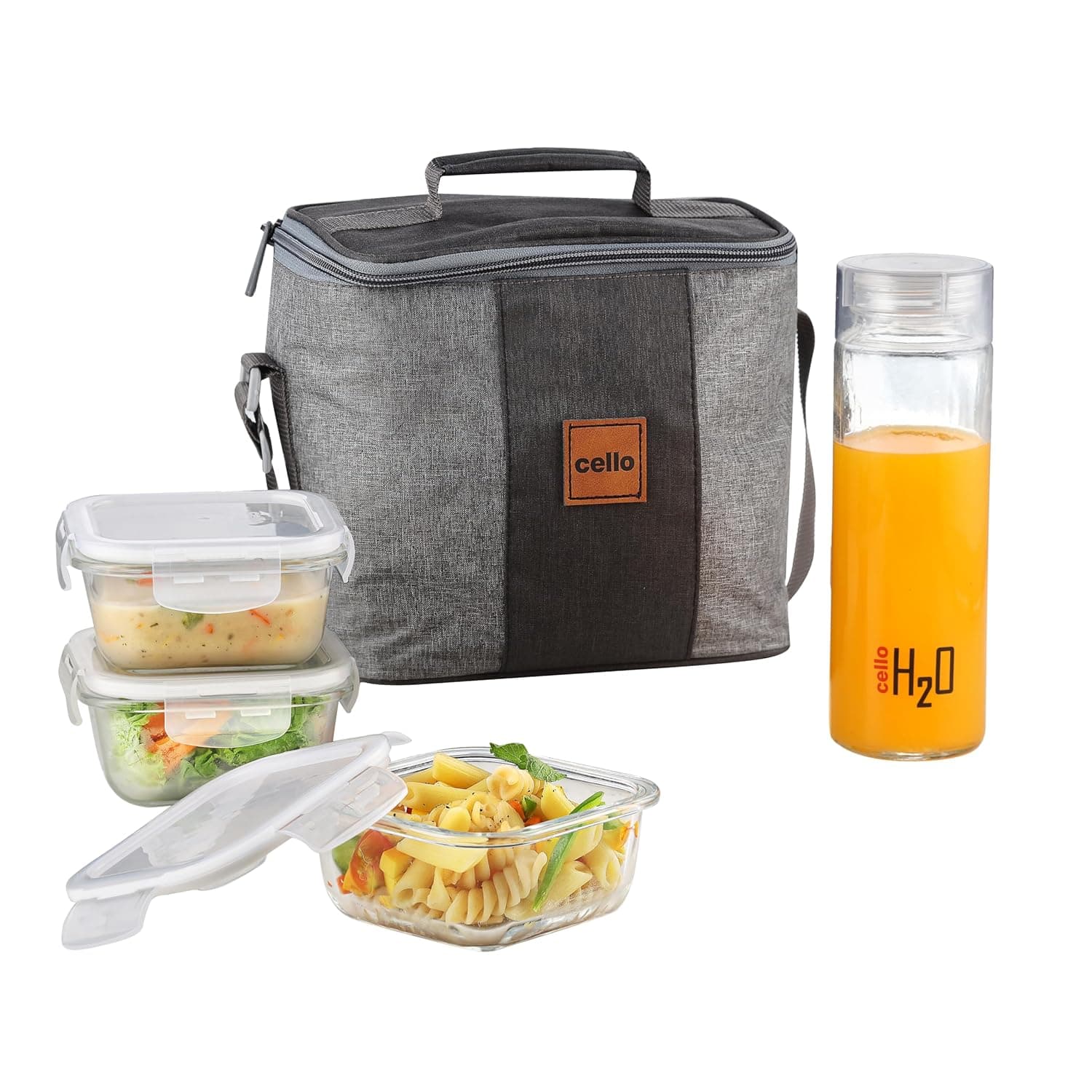 Cello Glassy Square Lunch Box with Jacket (3x320ml & 1x500ml Bottle)