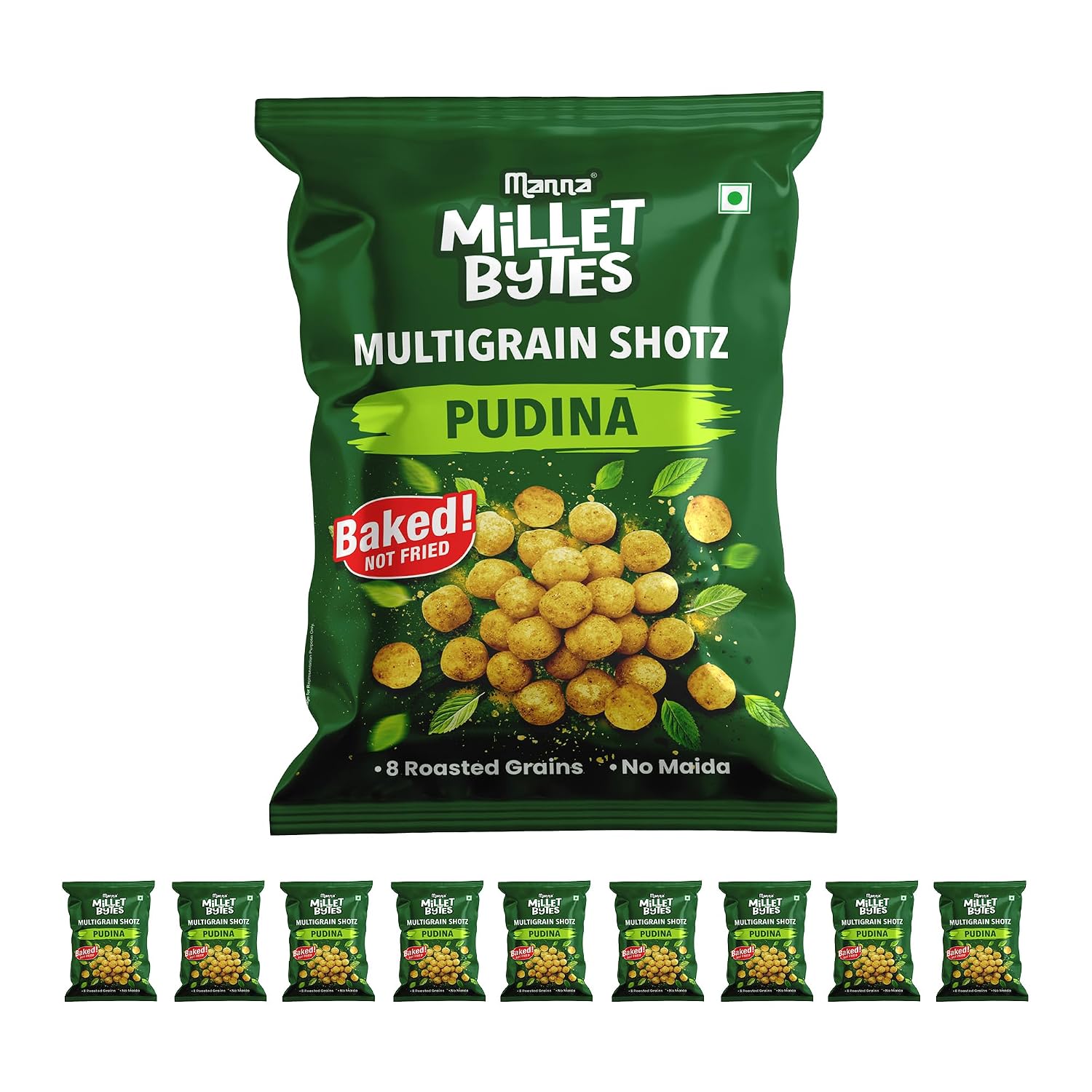 Manna Multigrain Snacks, Pack of 10, Pudina. Baked, No Palm Oil, No Maida Millet Bytes Multigrain Shotz