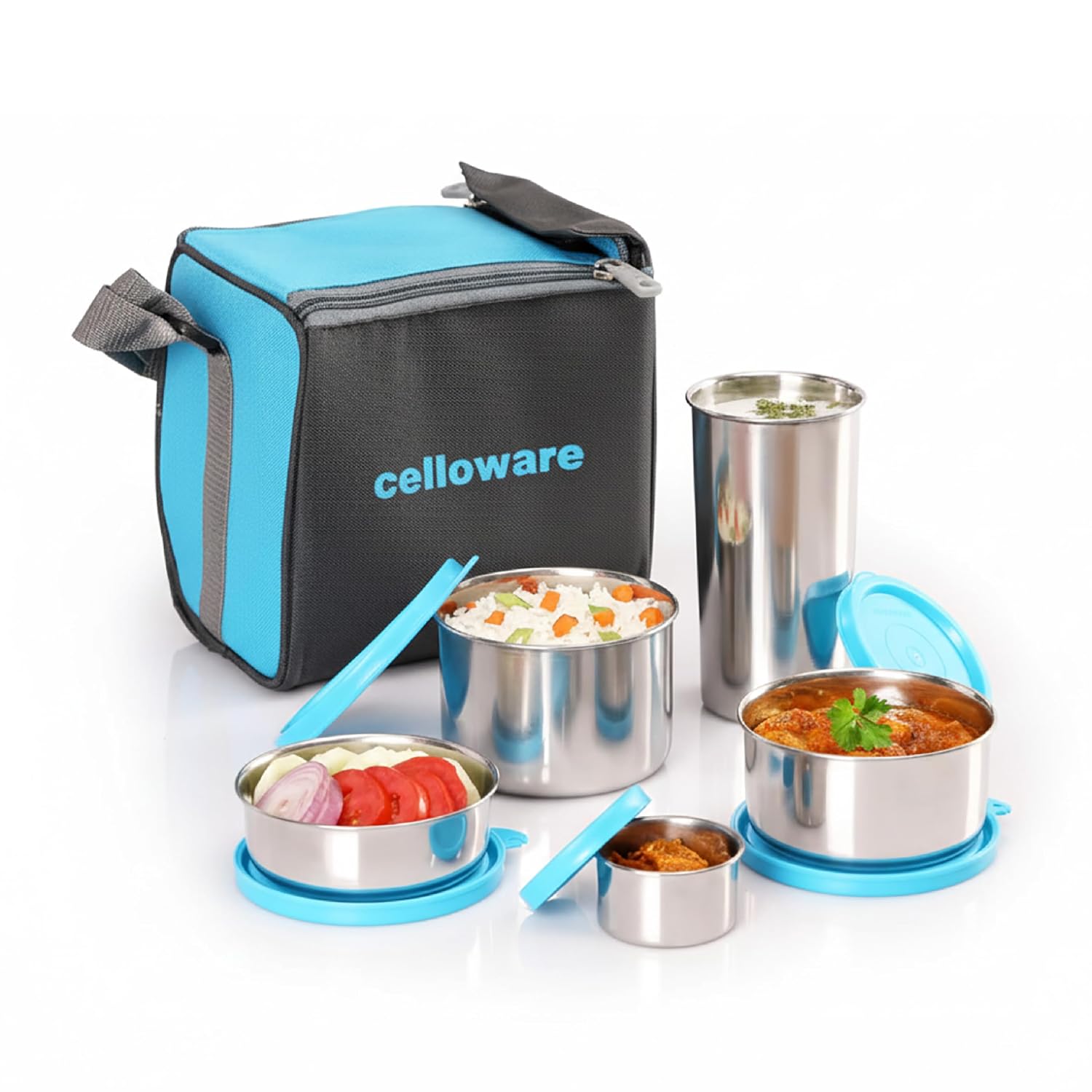 CELLO Steelox Set of 5 Pcs Lunch Box with Jacket For Office, Blue | 550ml, 375ml, 225ml, 50ml Stainless Steel Containers & 375ml Tumbler | Lightweight Leakproof Airtight Tiffin Box For Daily Use Travel