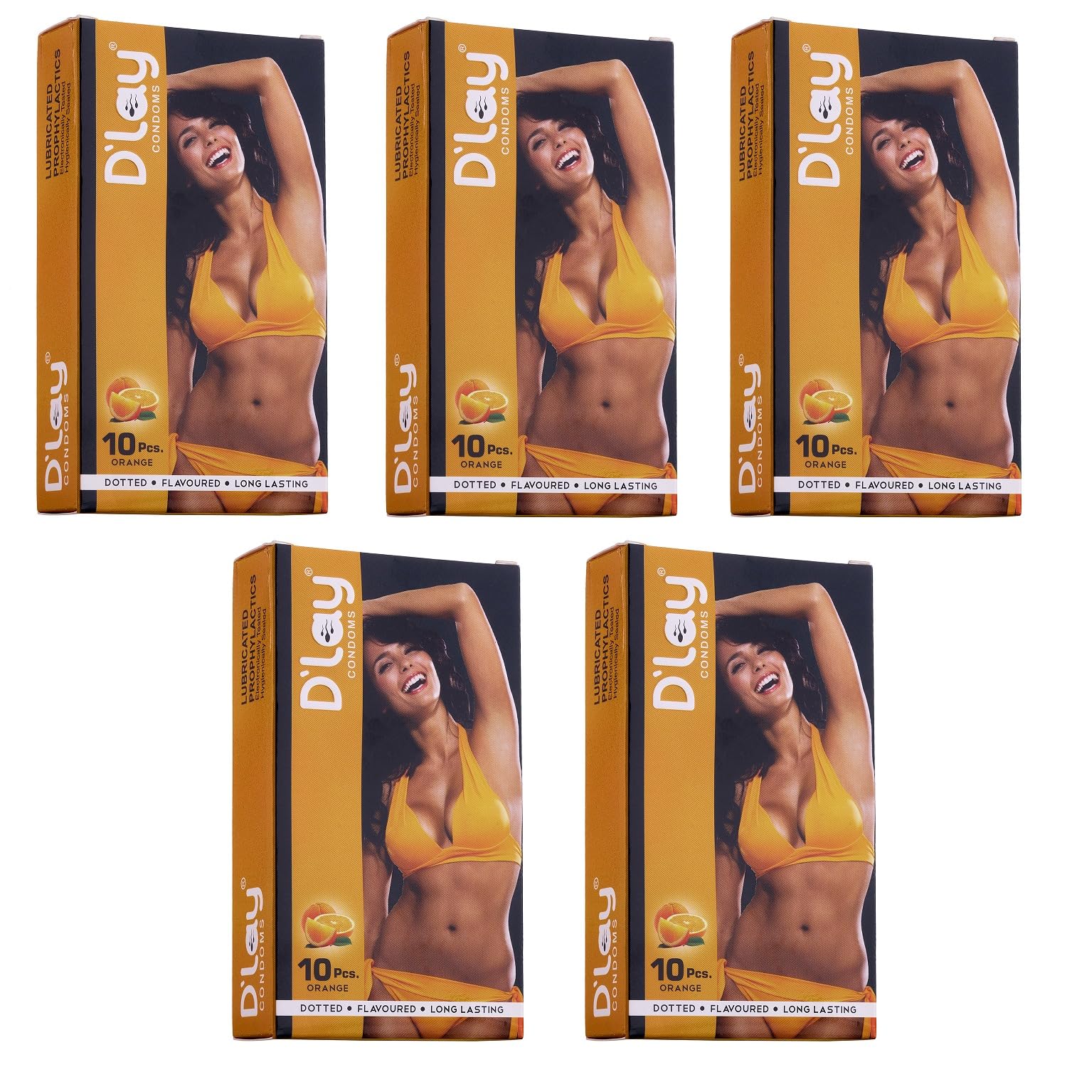 D'lay Dotted Real Feel Condoms for Men | Ultra Soft | For Extra Pleasure and satisfaction | Long Lasted, Lubricated | Orange Flavour Condoms - 10 (Pack of 5)