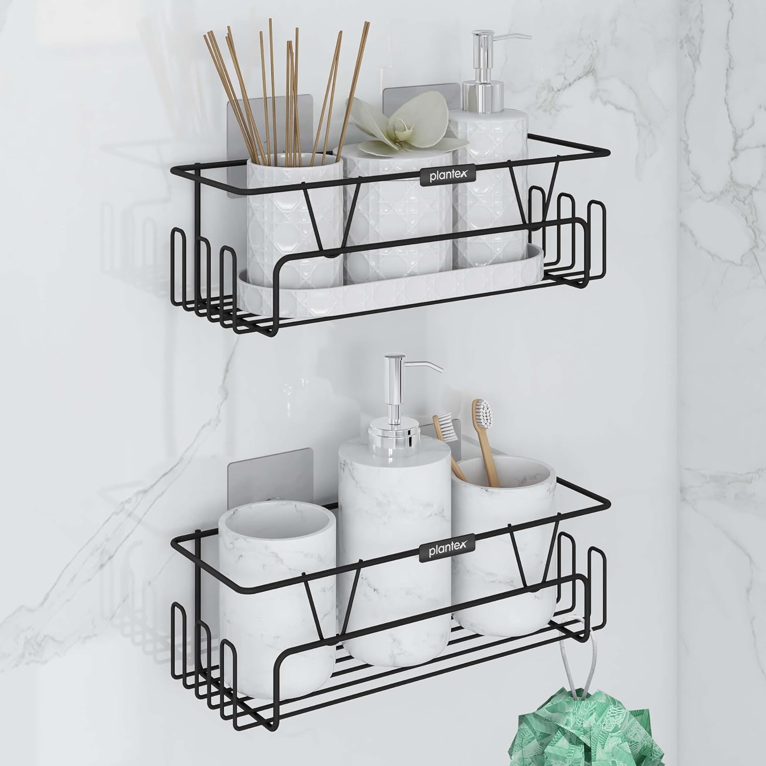 Plantex Adhesive Shelf for Bathroom/GI Steel Shelf with Minor Surface Marks from Transit, Fully Quality Checked/Bathroom Organiser with Side Hook - Pack of 2 (Black)