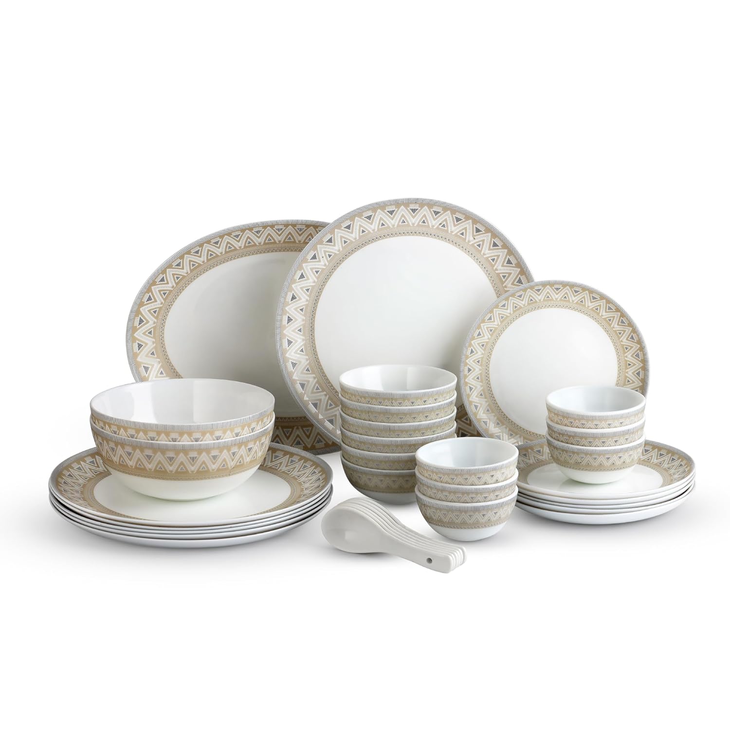Cello Opalware Divine Series Trinity 33 Pieces Dinner Set | Opal Glass Crockery for 6 | Bone Ash-Free, Lightweight, Elegant White Plate & Bowl Set |Opalglass Dinner Set for Daily Use & Gifting