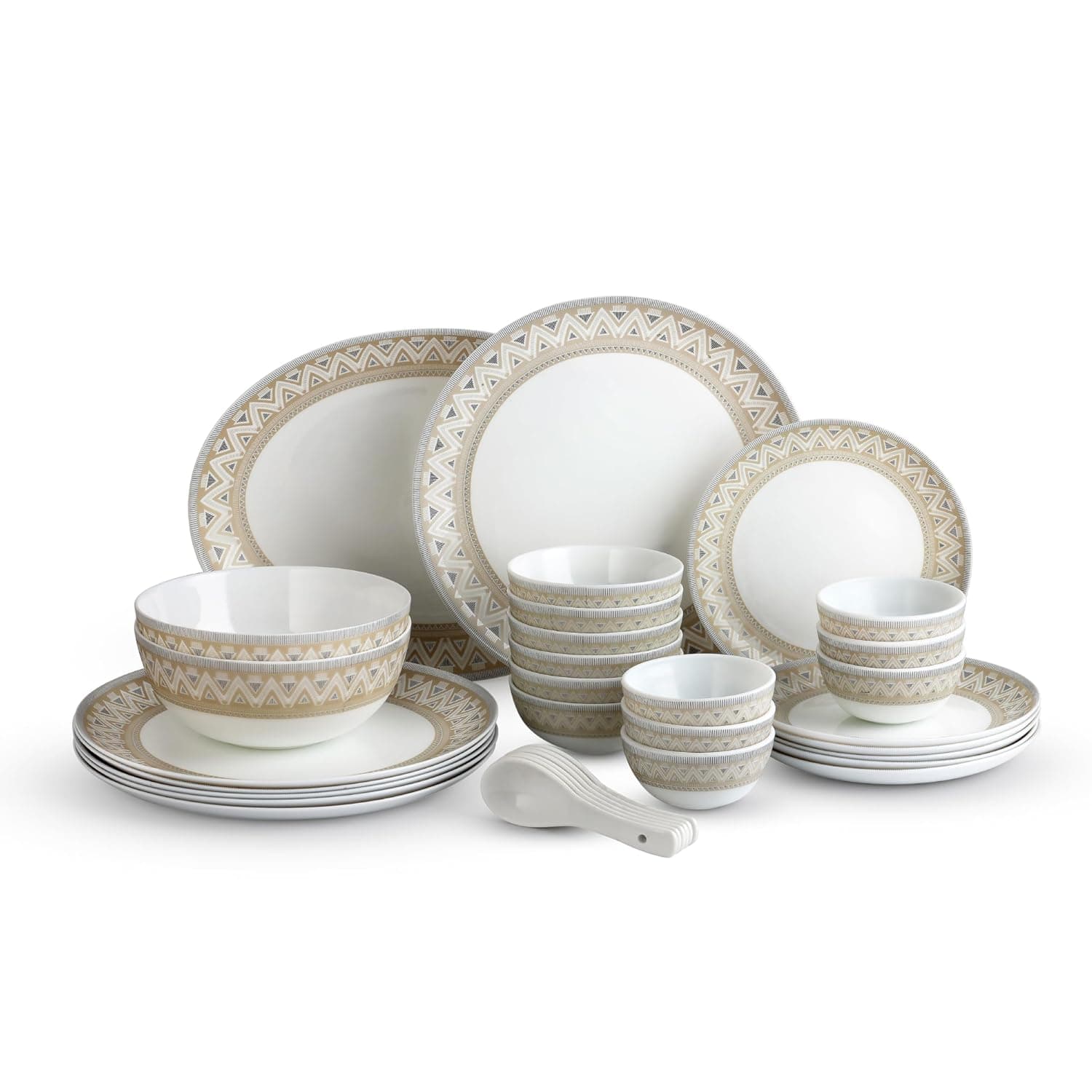 Cello Opalware Divine Series Trinity 33 Pieces Dinner Set | Opal Glass Crockery for 6 | Bone Ash-Free, Lightweight, Elegant White Plate & Bowl Set | Opalglass Dinner Set for Daily Use & Gifting