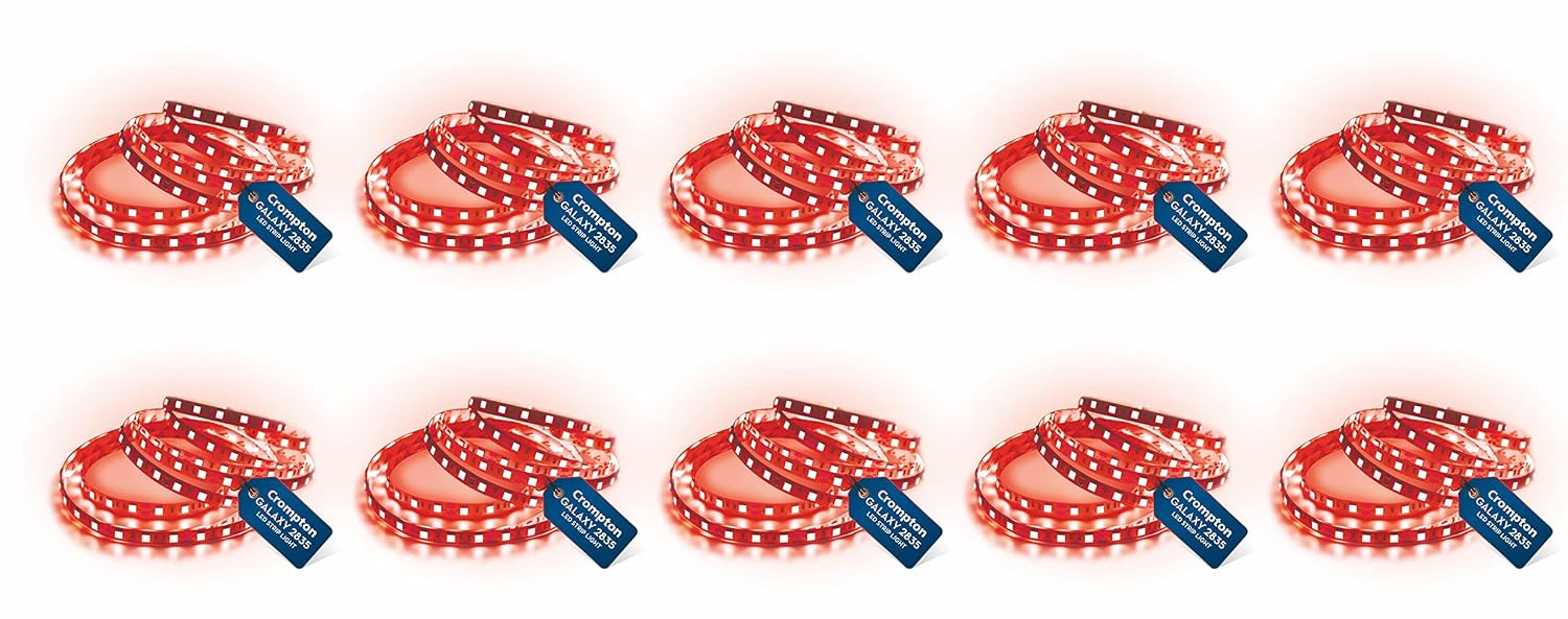 Crompton 5 Meter LED Strip Light | Red Color, 300 LEDs Flexible Roll | Decorative & Energy Saving Accent Lighting | Plastic Build | Without Driver | Pack of 10