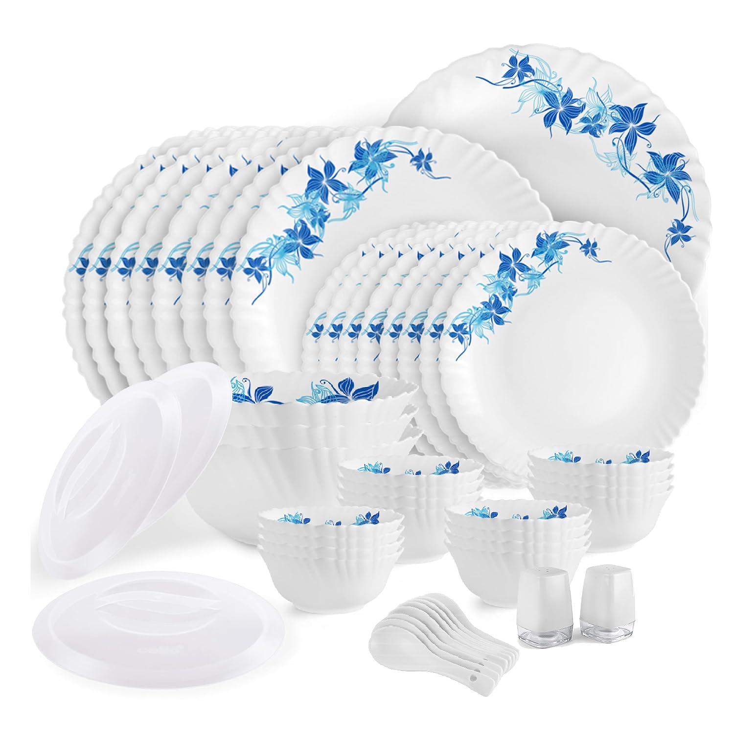 Cello Opalware Dazzle Series Blue Swirl Dinner Set, 49Pcs | Opal Glass Dinner Set for 8 | Light-Weight, Daily Use Crockery Set for Dining | White Plate and Bowl Set