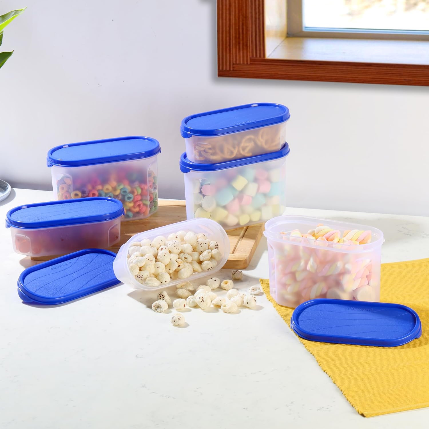 CELLO Modustore Pet Storage Container For Kitchen Set of 6 Pcs, Blue (1200ml x 3, 600ml x 3) | Freezer & Fridge Safe, See Through Airtight Pet Kitchen Storage Container For Beans, Whole Grains, Spices