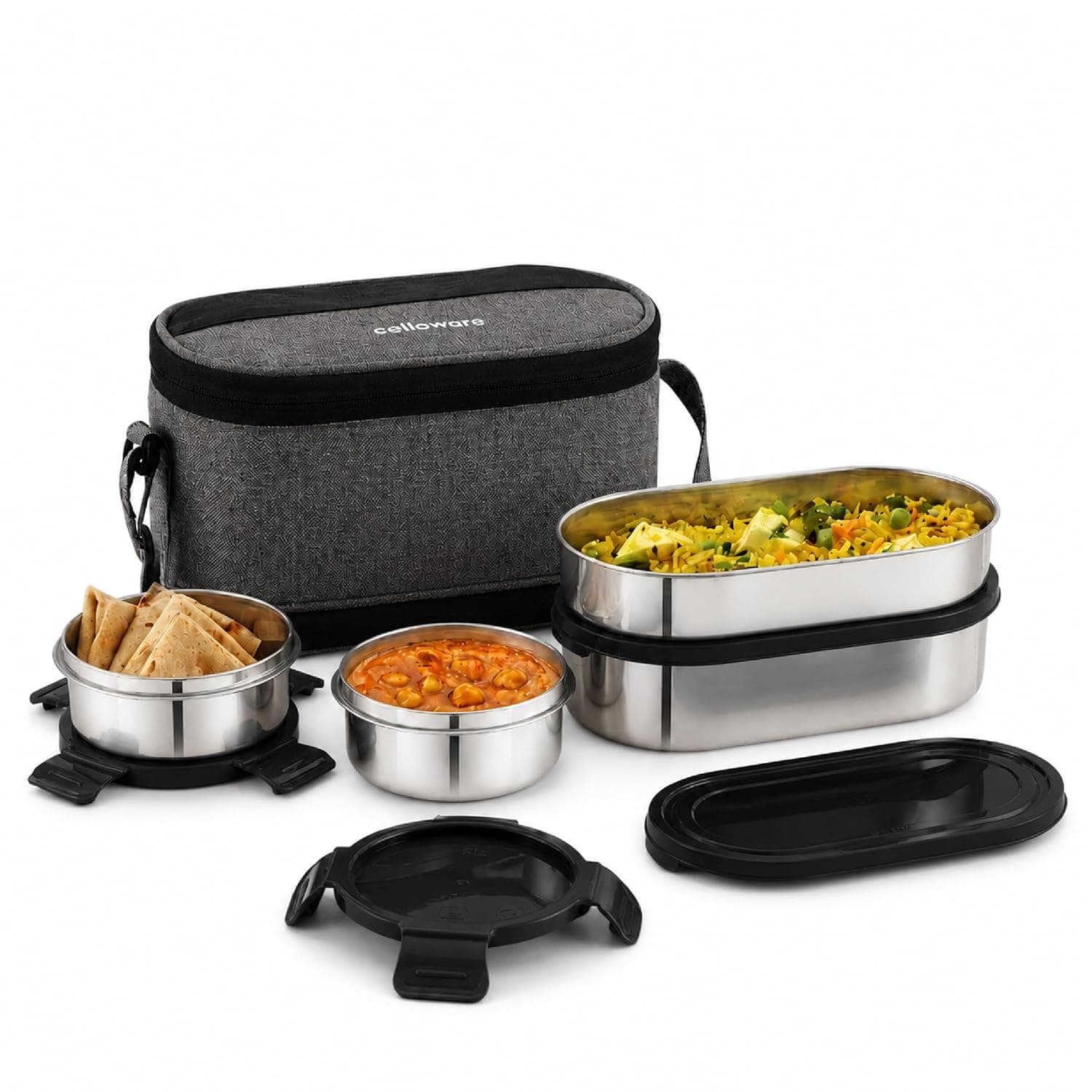 CELLO MF Senator Set of 4 Stainless Steel Lunch Box with Extendable Zipper Bag, Black | 300ml, 300ml, 500ml Containers, 750ml Oval Container with Spoon & Fork, Leakproof Airtight Tiffin Set for Office