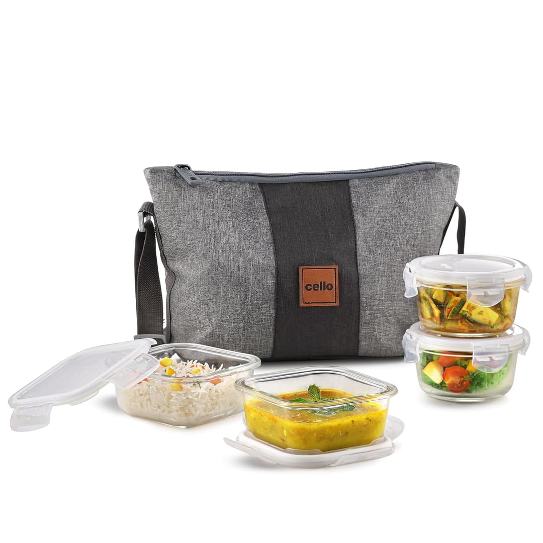 Cello Glassy Square Lunch Box with Jacket (4 Containers)