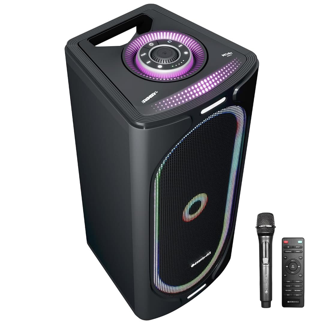 ZEBRONICS ROXOR PRO Party Bluetooth Speaker, Dolby Audio, 120W, Upto 6h Battery, Karaoke, Bluetooth v5.4 | HDMI (ARC) | TWS | USB | Mic/GT Input | Aux, RGB LED, Dual 6.5" Drivers,Wireless Mic