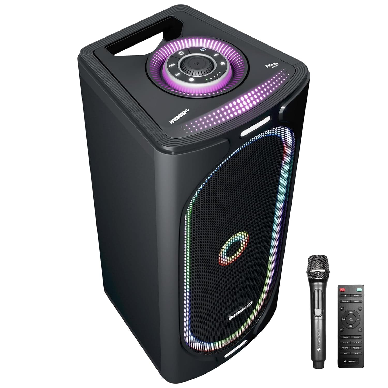ZEBRONICS ROXOR PRO Party Bluetooth Speaker, Dolby Audio, 120W, Upto 6h Battery, Karaoke, Bluetooth v5.4 | HDMI (ARC) | TWS | USB | Mic/GT Input | Aux, RGB LED, Dual 6.5" Drivers,Wireless Mic