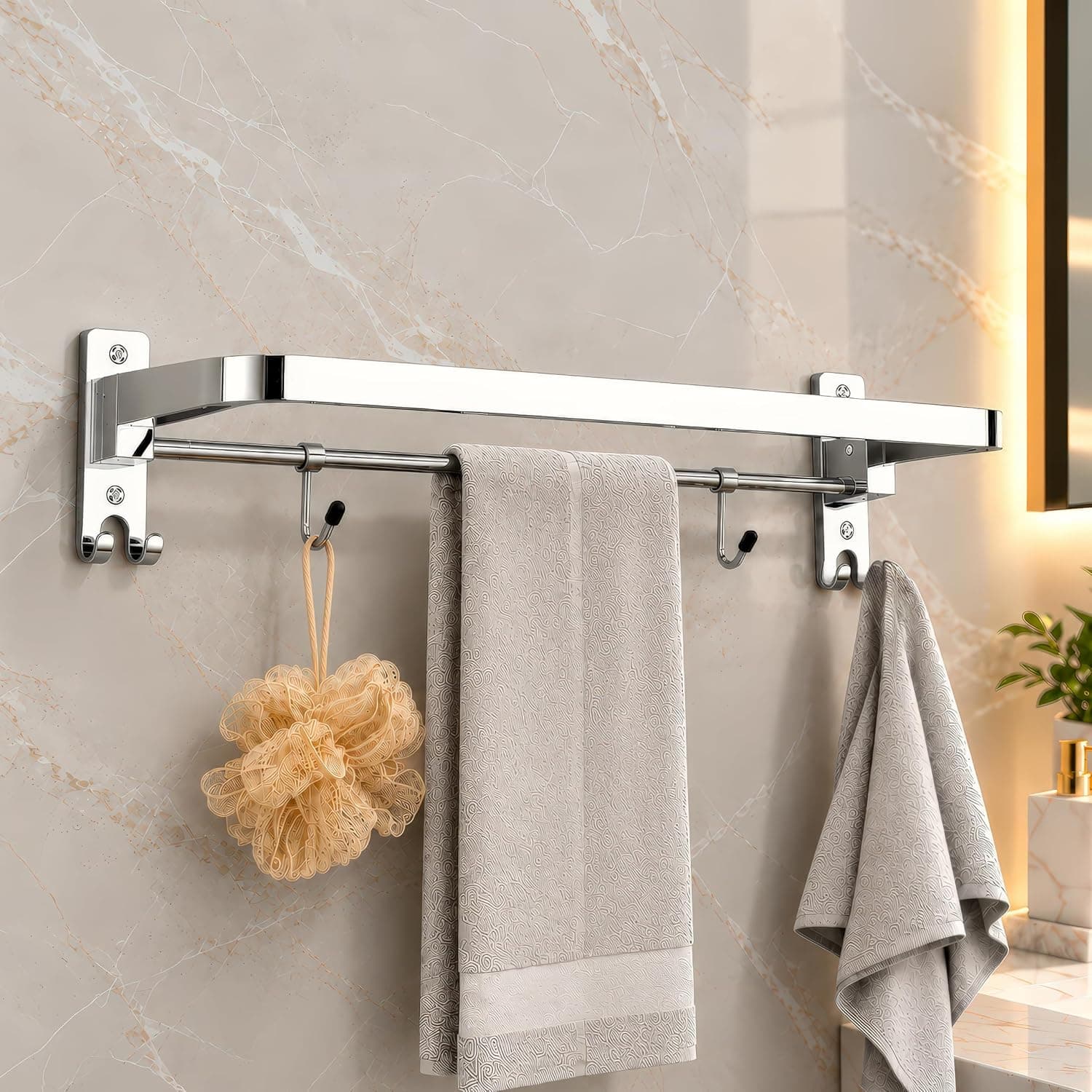 Amazon Basics Stainless Steel Foldable Towel Holder with Hooks