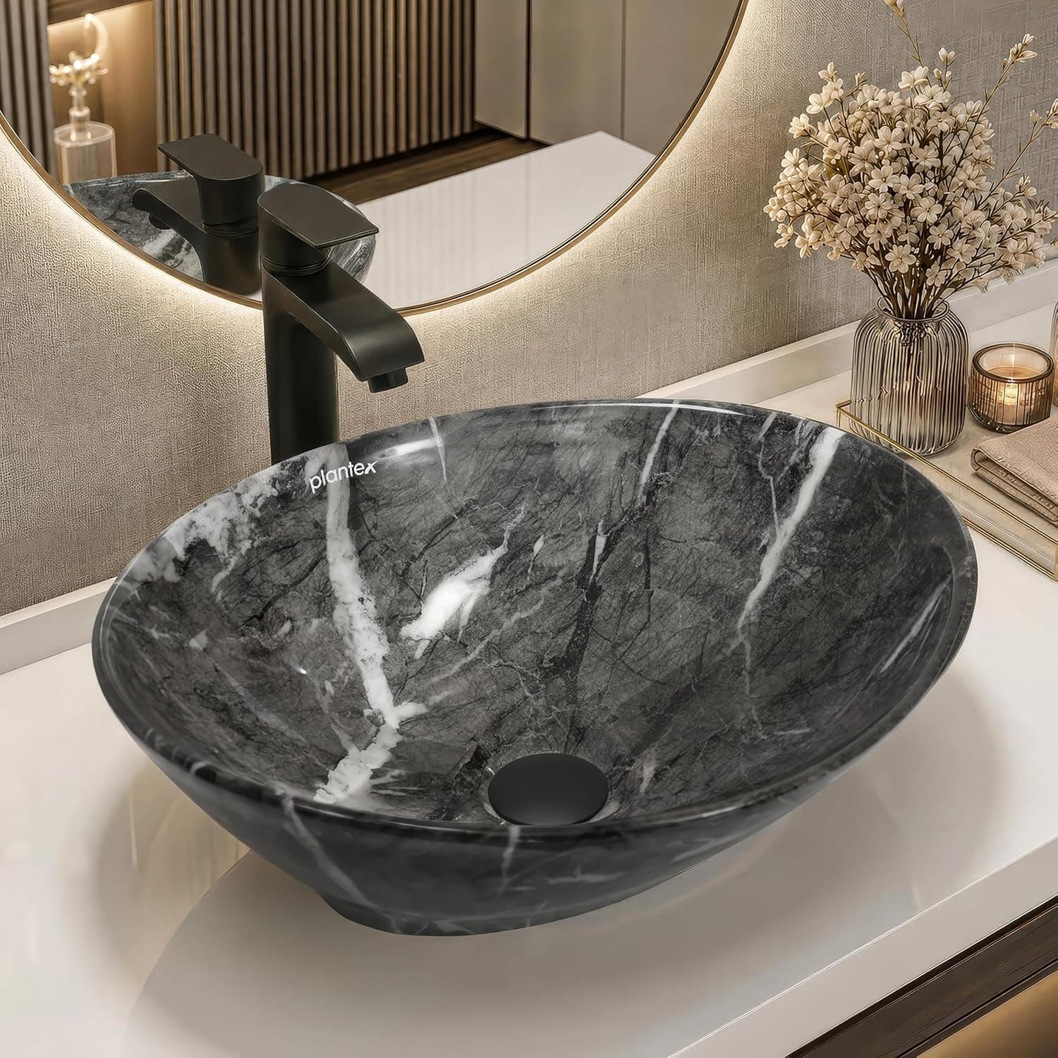 Plantex Ceramic Basin for Bathroom/Table Top Ceramic Basin/Washbasin for Bathroom (BOAT-NS-M-510-Marble Finish, 16 x 13 x 5.5 Inch)