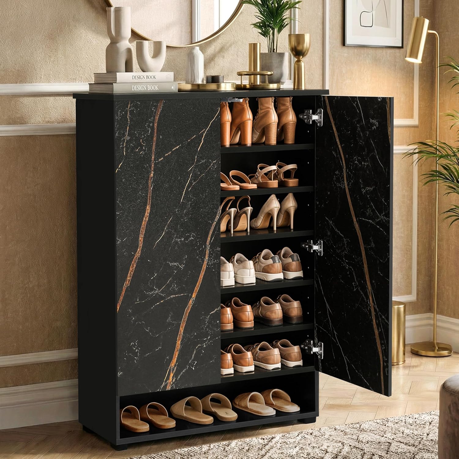 ABOUT SPACE Shoe Cabinet - 7 Tier Shoe Rack with Door & Open Bottom Storage|Press Open 2 Door Engineered Wood Shoes Stand for Home | Adjustable Shelf Raised Legs 18-21 Pair | Black & Black Marble